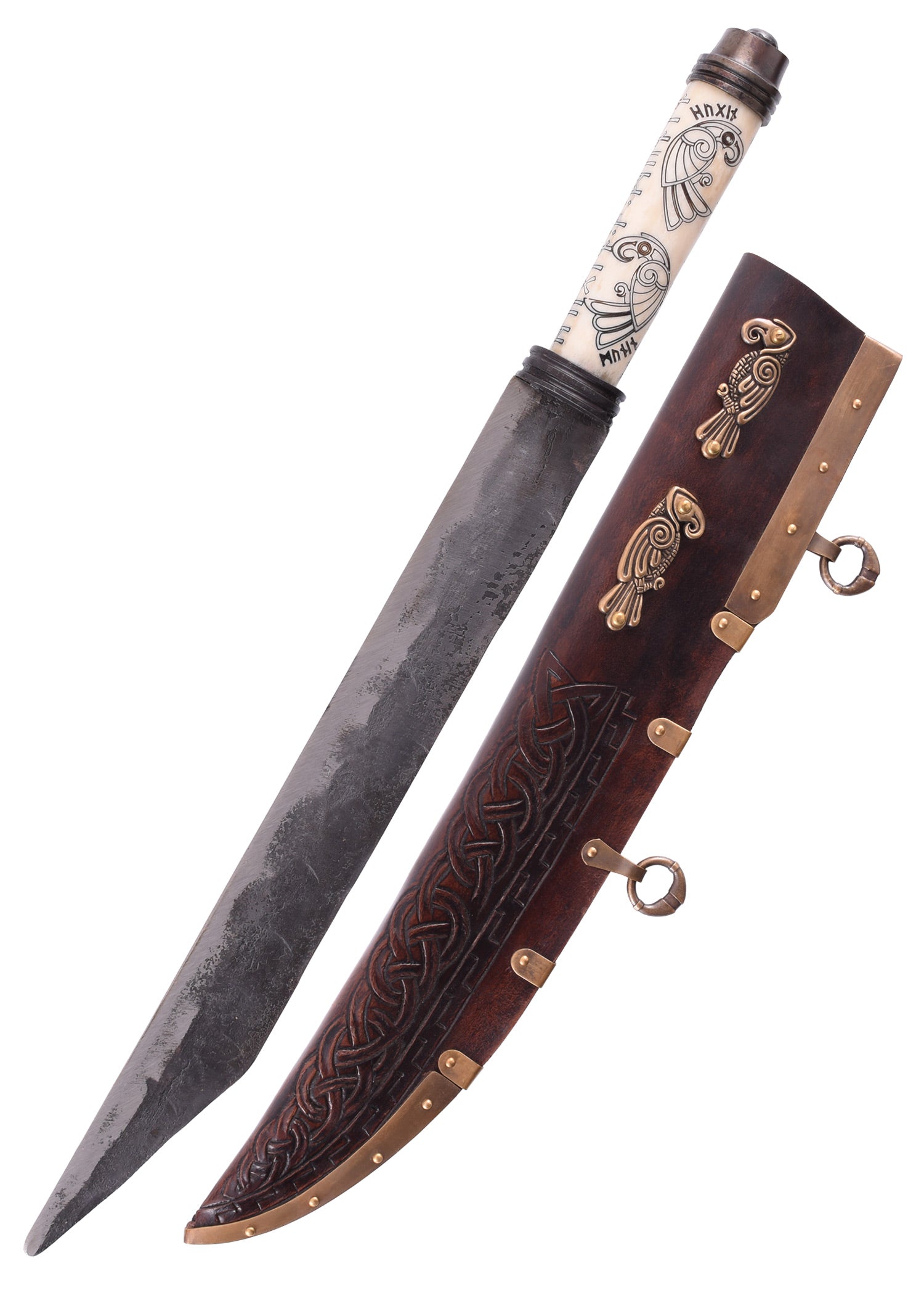 Imagen única de: Sax (Seax) Largo Vikingo, Mango De Hueso Con Cuervos Nórdicos Hugin Y Munin