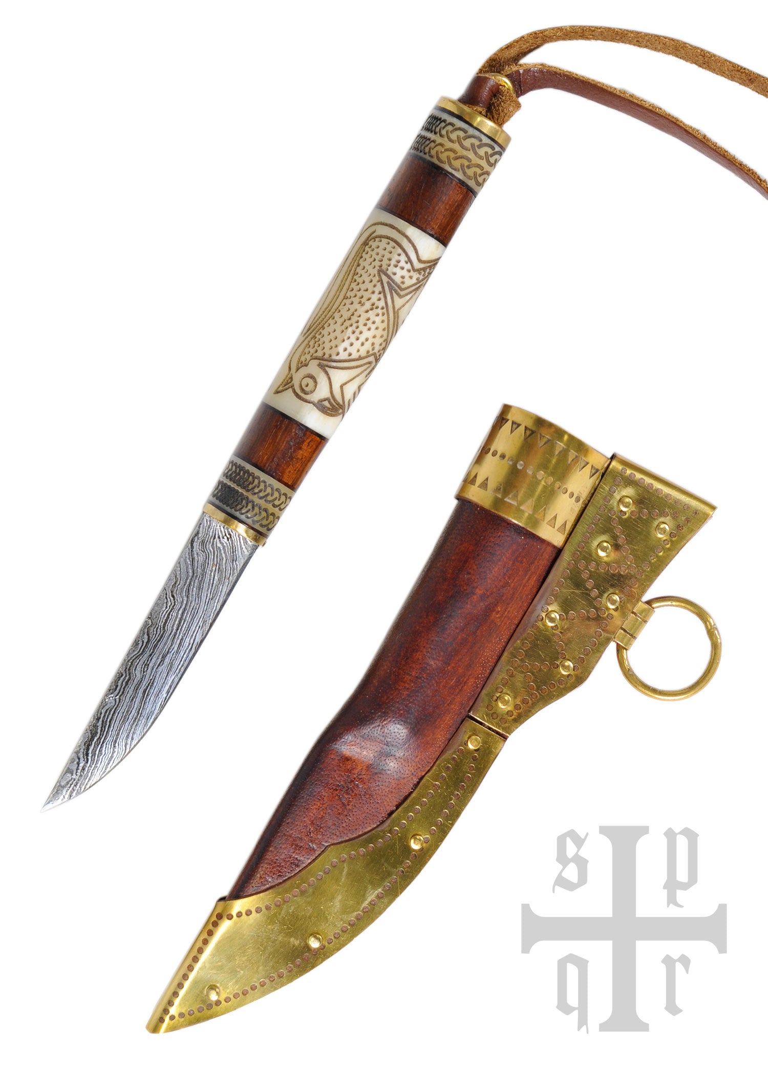 Imagen única de: Cuchillo Vikingo Pequeño, Acero De Damasco, Mango De Madera/hueso Con Motivo Torslunda