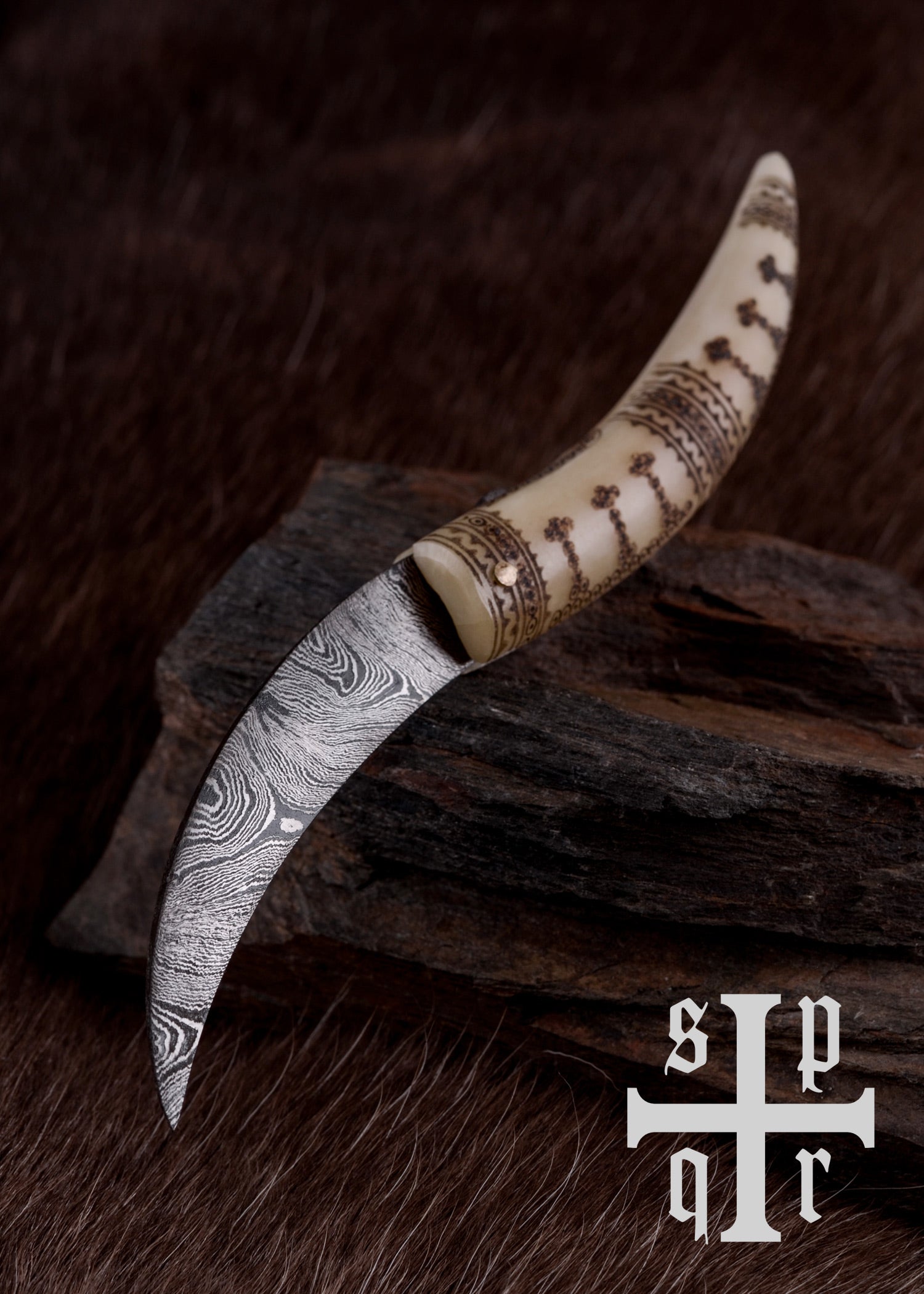 Imagen única de: Navaja Vikinga De Acero De Damasco Con Mango De Hueso