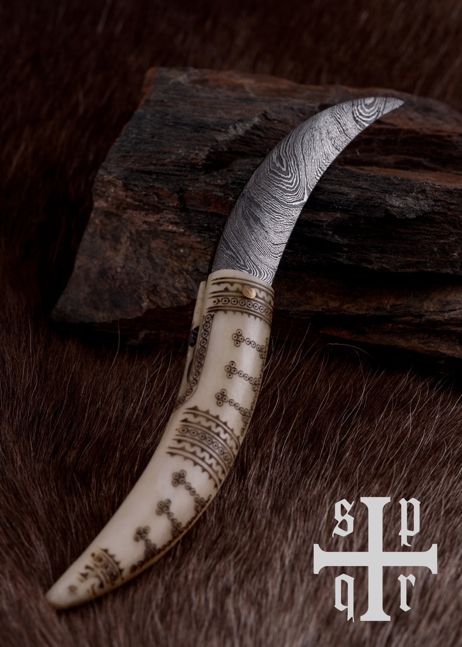 Imagen única de: Navaja Vikinga De Acero De Damasco Con Mango De Hueso