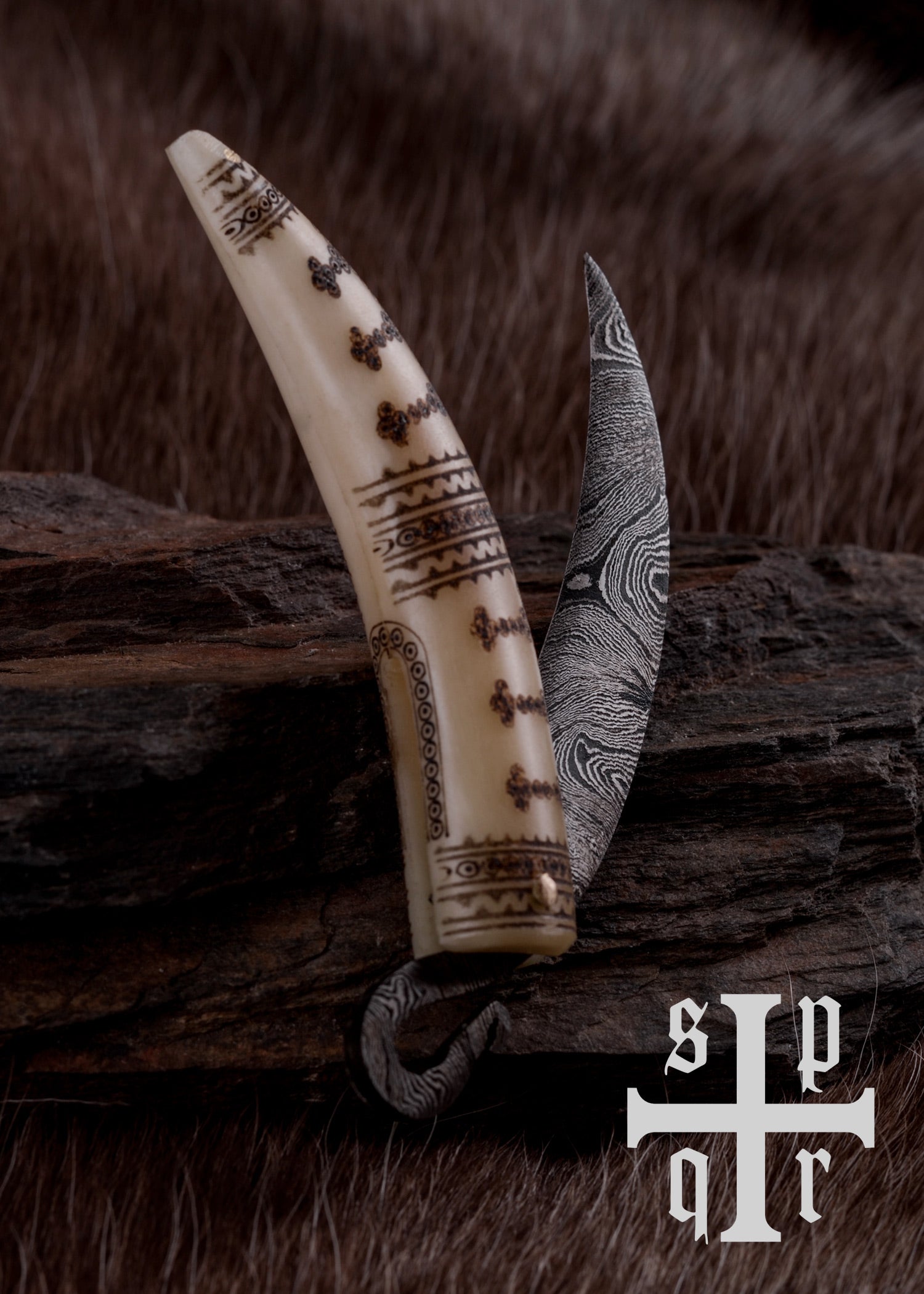 Imagen única de: Navaja Vikinga De Acero De Damasco Con Mango De Hueso