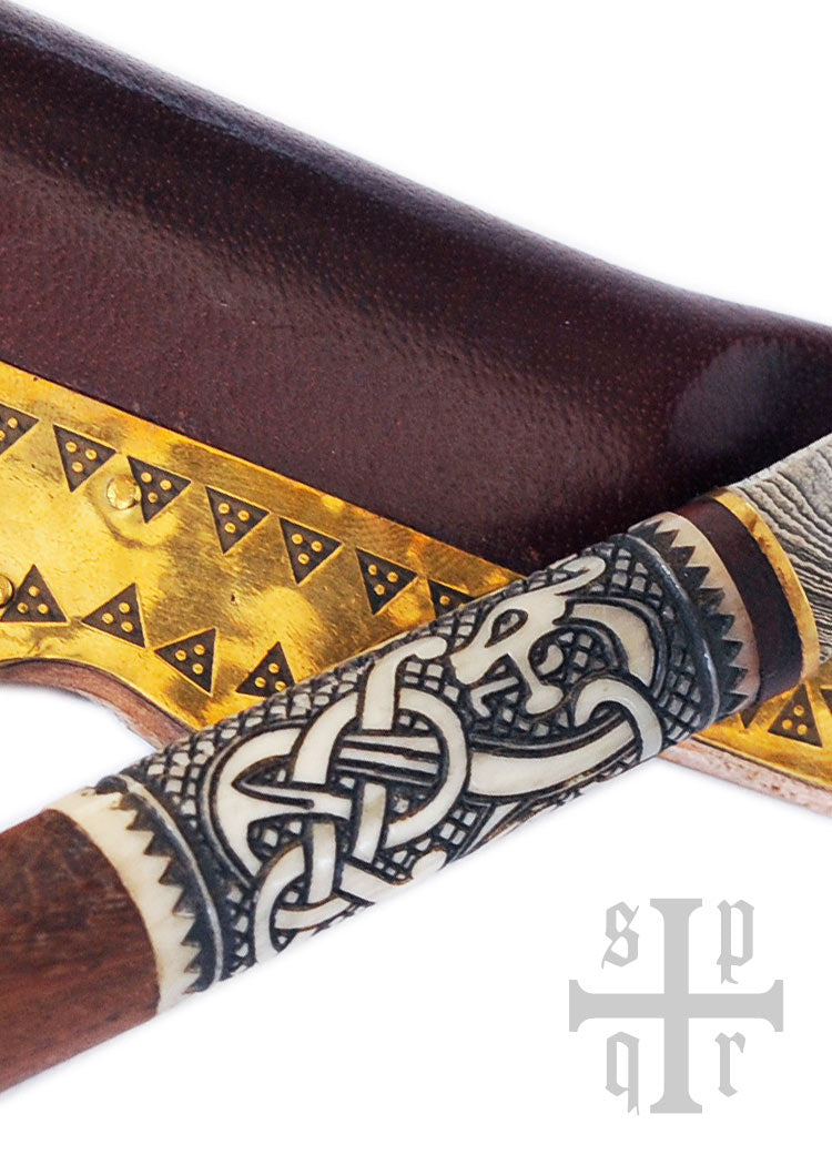 Imagen única de: Cuchillo Vikingo Pequeño, Acero De Damasco, Mango De Madera/hueso Con Motivo De Serpiente