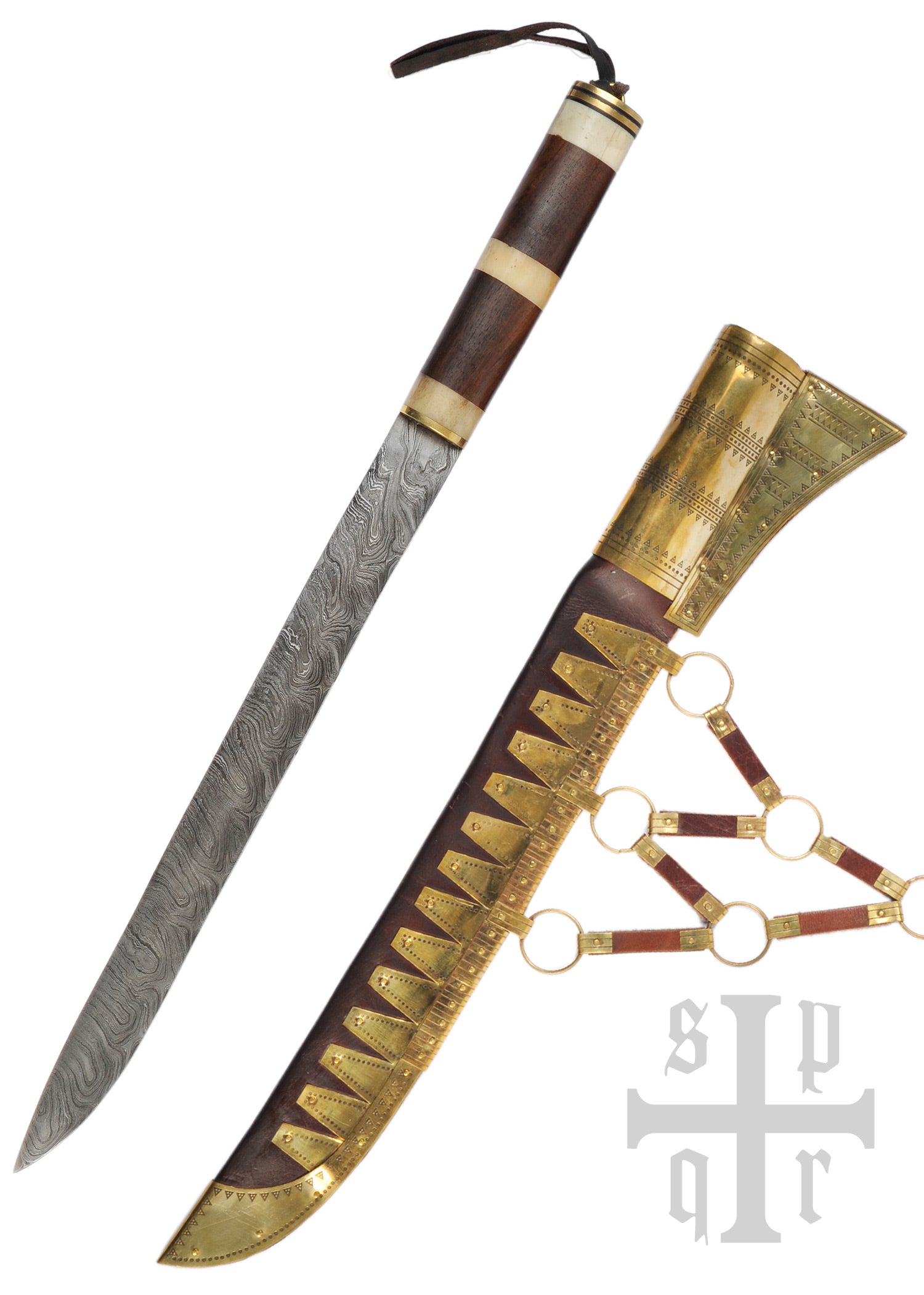 Imagen única de: Cuchillo De Sax (Seax) Vikingo, Sax (Seax) Largo De Acero De Damasco, Mango De Hueso De Madera