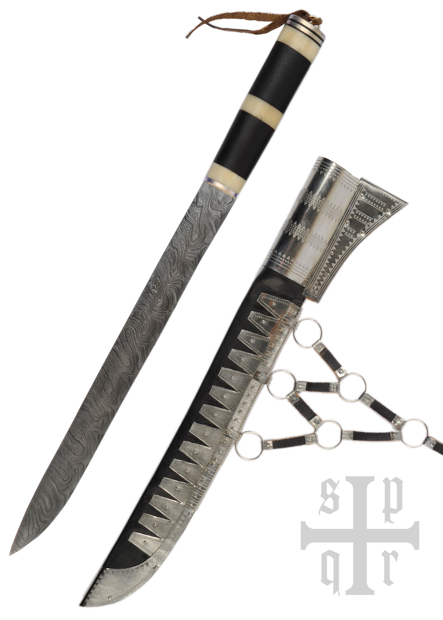 Imagen única de: Cuchillo De Sax (Seax) Vikingo, Sax (Seax) Largo De Acero De Damasco, Mango De Hueso De Madera