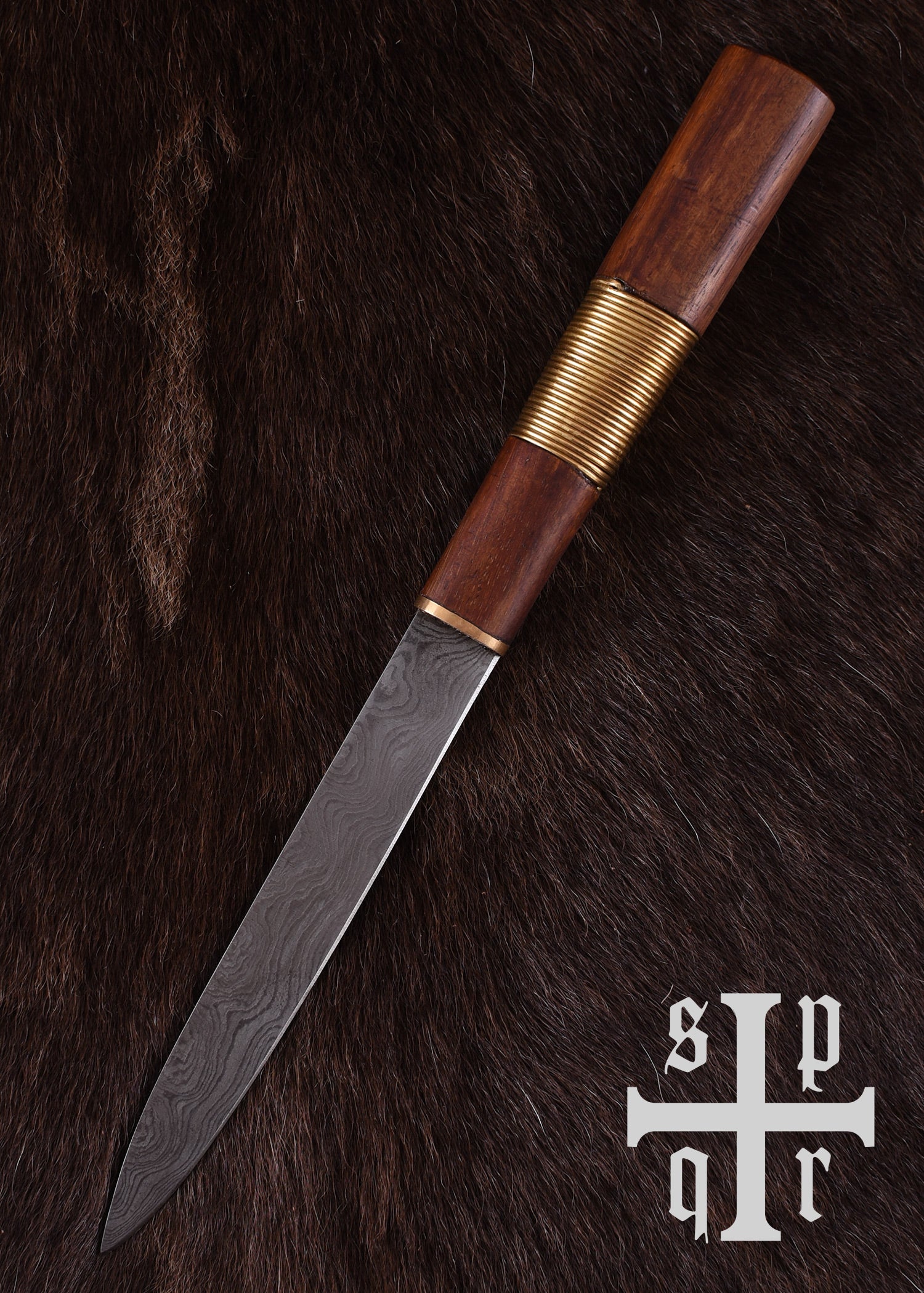 Imagen única de: Cuchillo Vikingo De Acero De Damasco Con Mango De Madera/latón