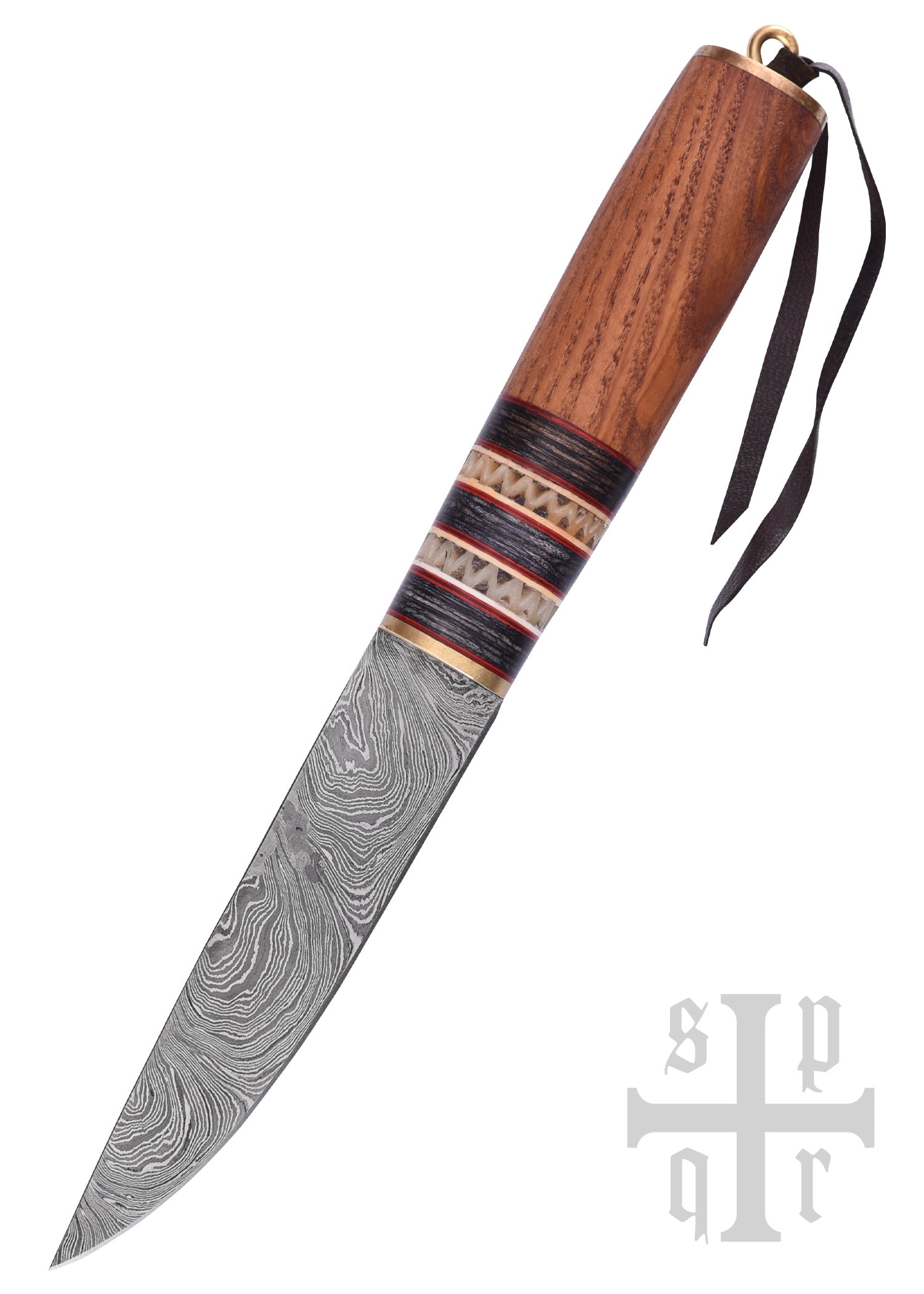 Imagen única de: Cuchillo Vikingo Fabricado En Acero De Damasco, Mango De Madera Con Ribete De Hueso.