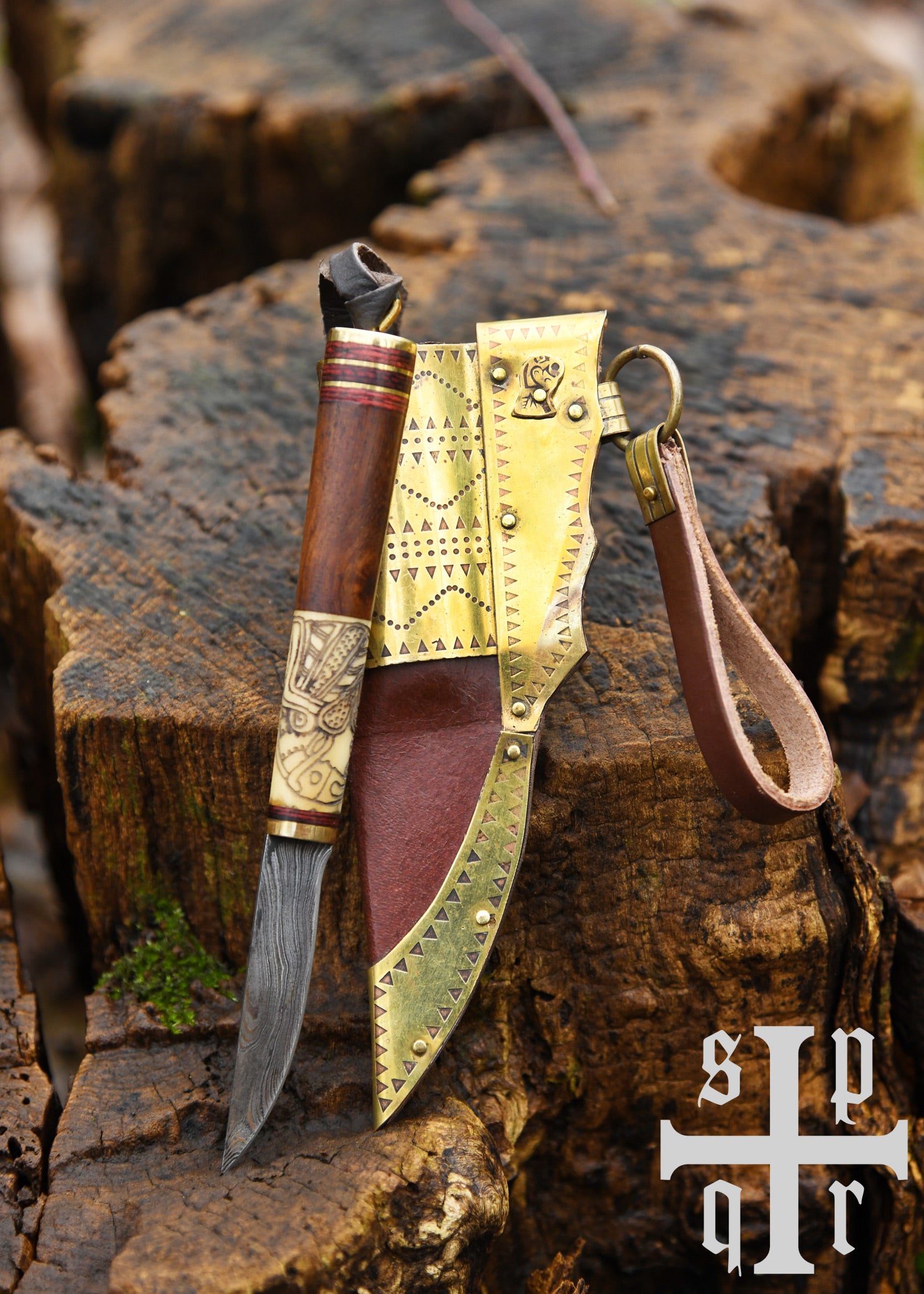 Imagen única de: Cuchillo Vikingo, Acero De Damasco, Mango De Madera/hueso Con Motivo De Cuervo