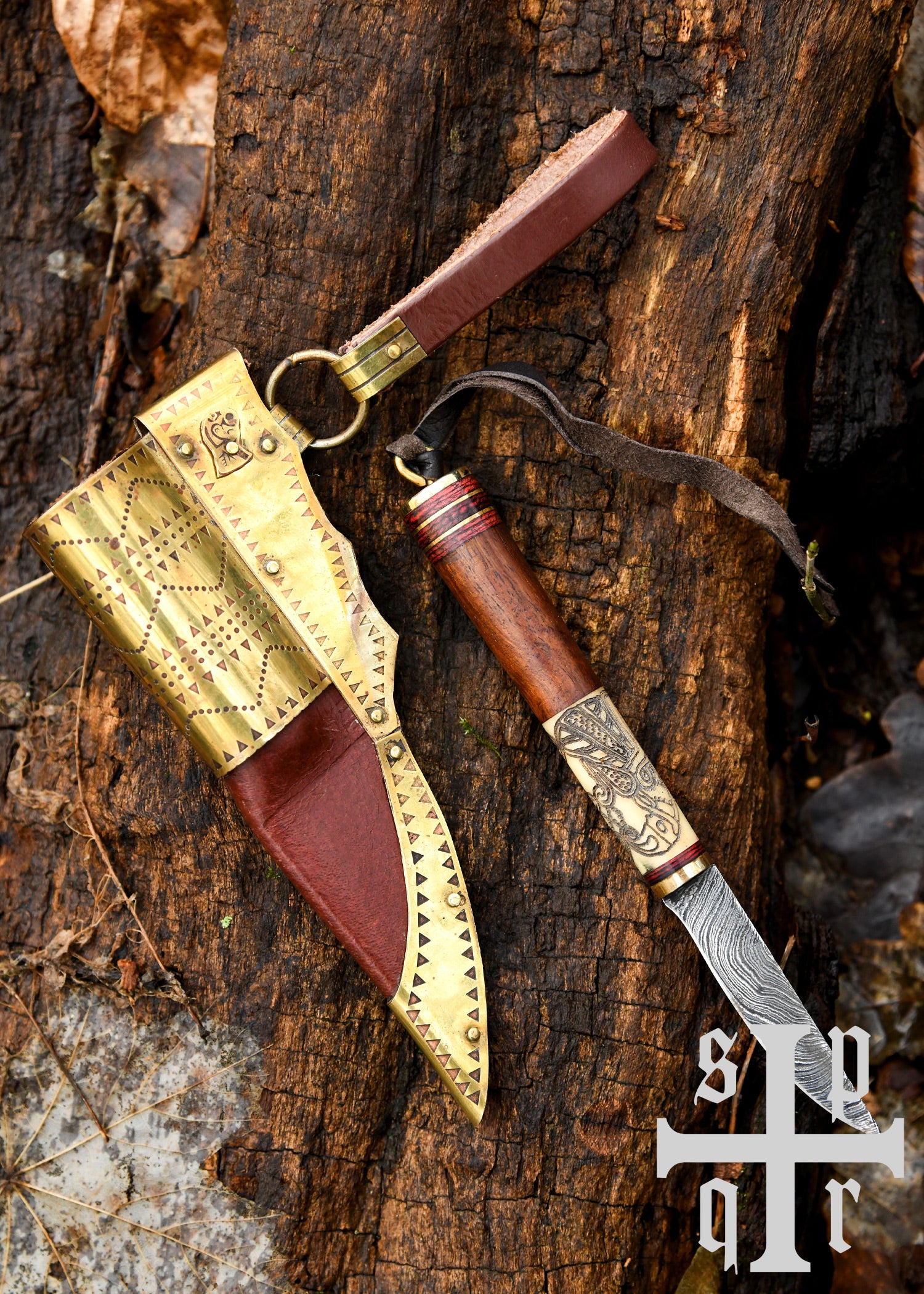 Imagen única de: Cuchillo Vikingo, Acero De Damasco, Mango De Madera/hueso Con Motivo De Cuervo