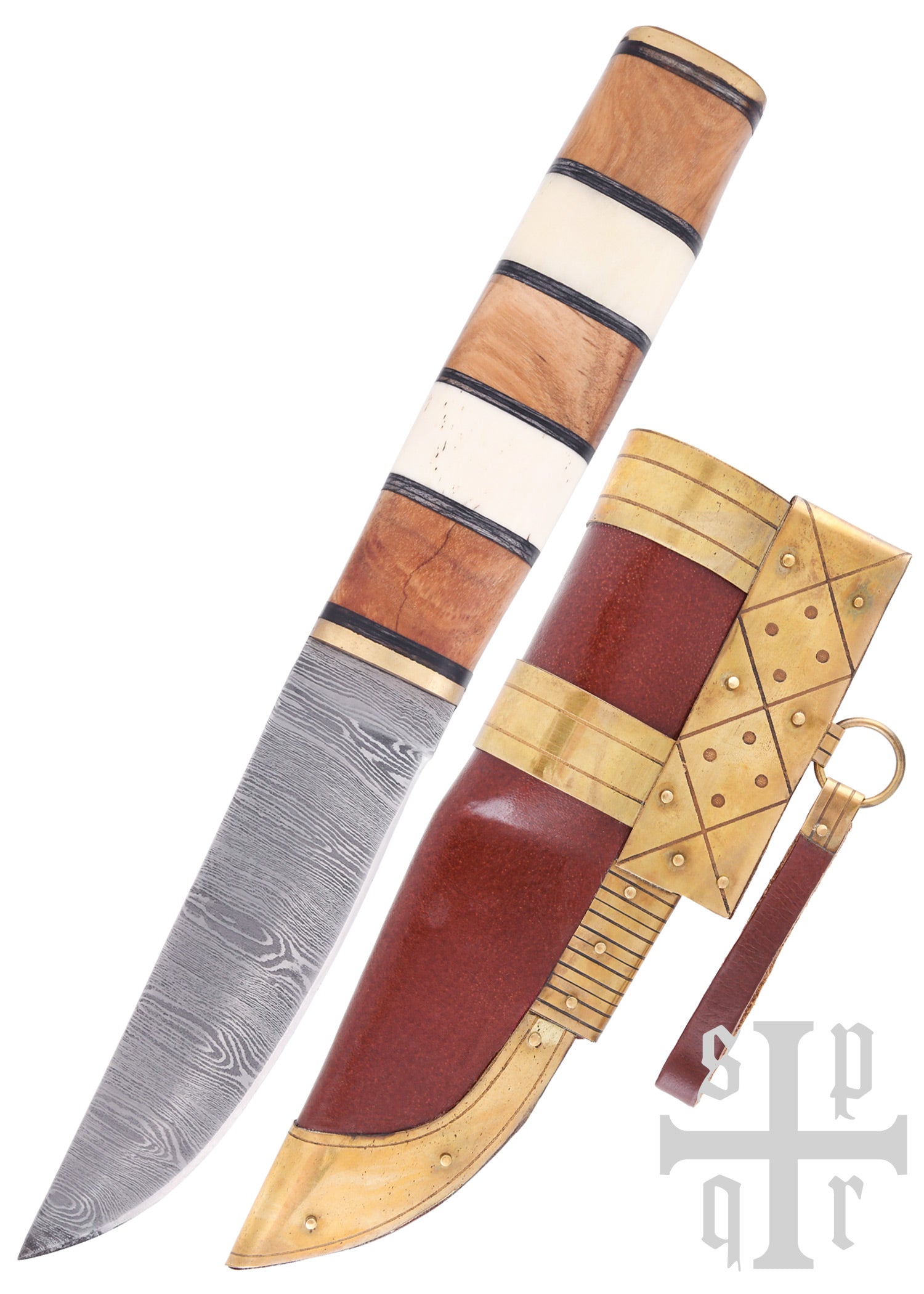 Imagen única de: Cuchillo Vikingo Fabricado En Acero De Damasco Con Mango De Madera/hueso.