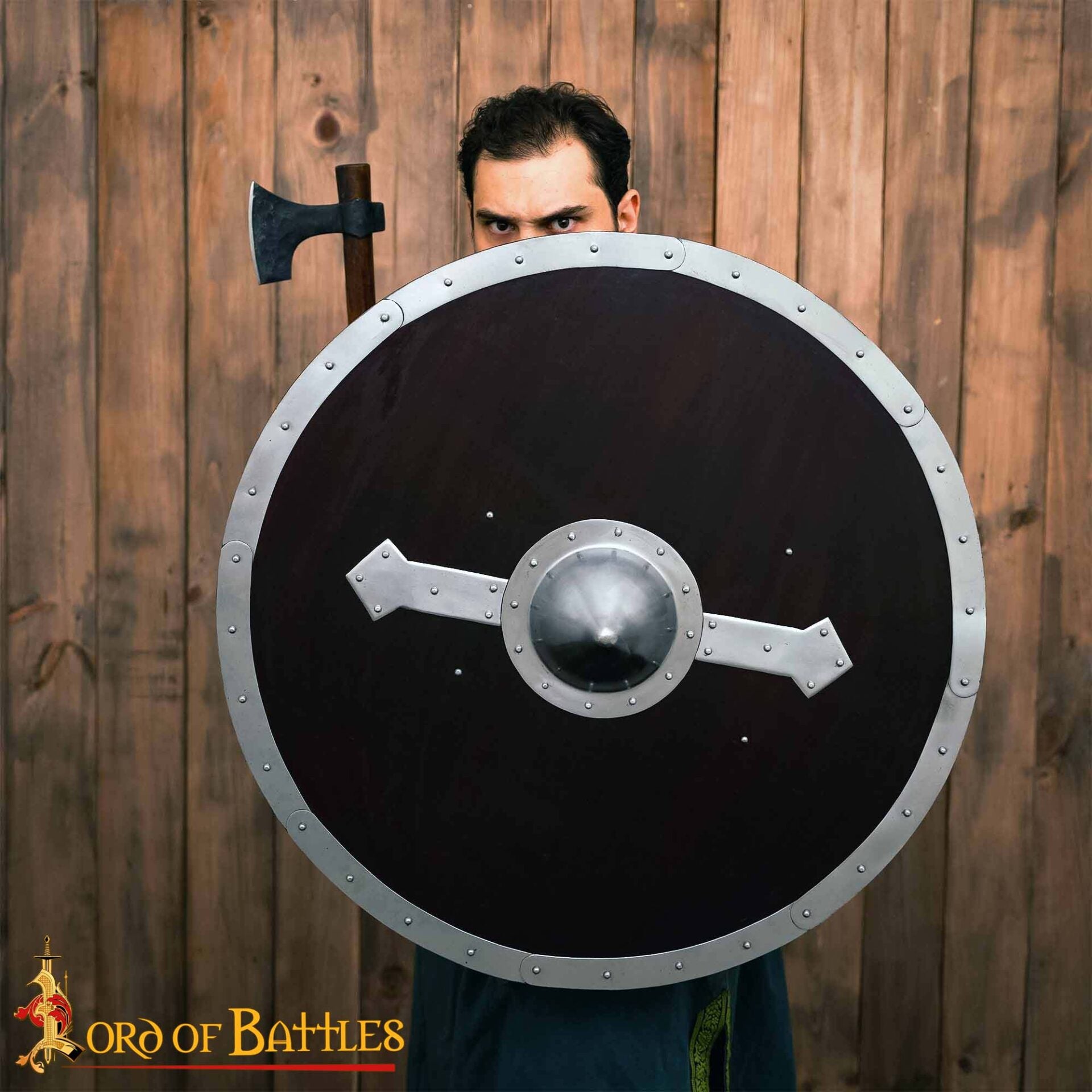 Imagen única de: Escudo Redondo Vikingo - Hecho a Mano 30" Diámetro - Jefe y Borde de Acero Pulido