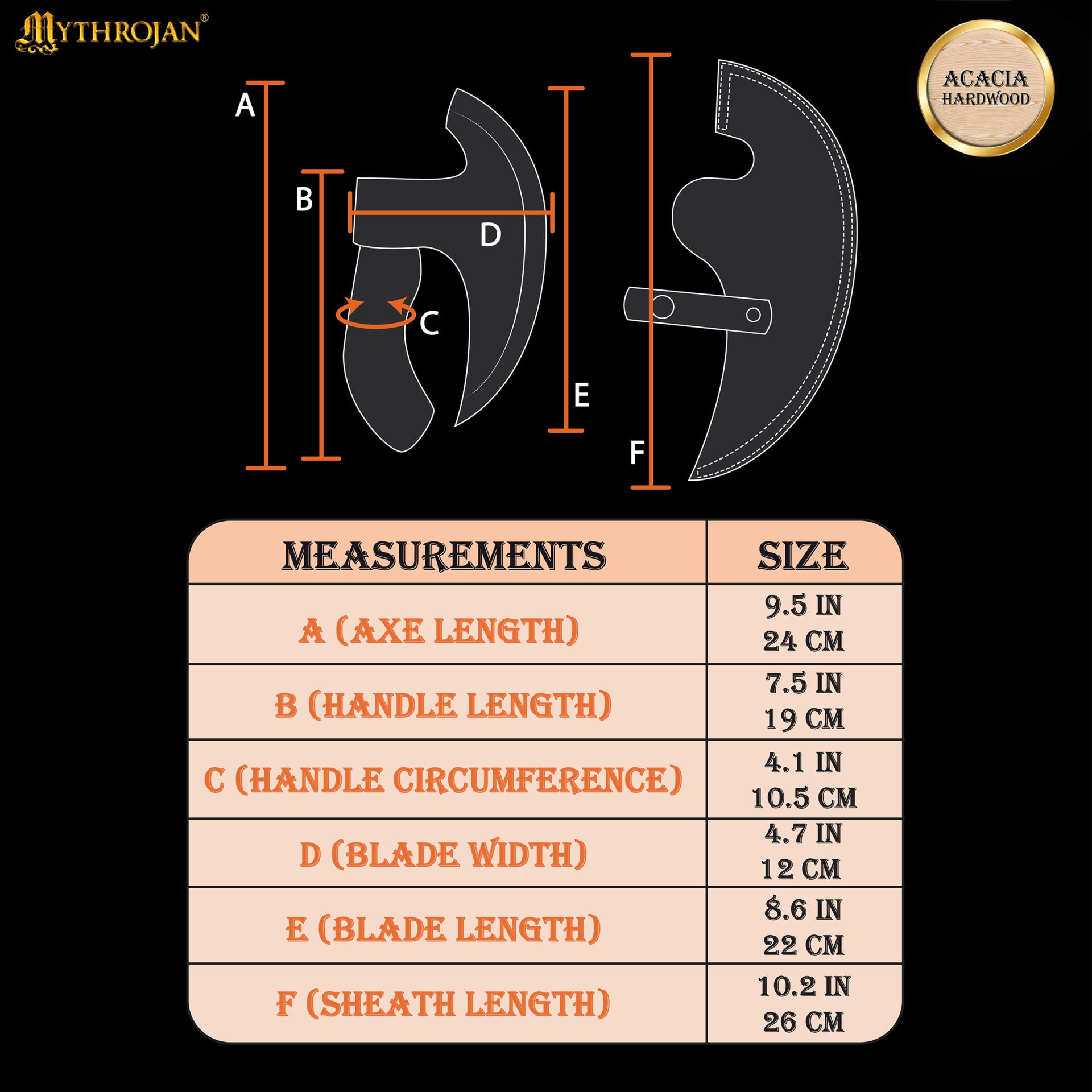 Imagen única de: Mythrojan Hacha Vikinga para Pizza - Cortador de Pizza de Acero Inoxidable Forjado a Mano con Mango de Acacia Maciza y Funda de Cuero - Grabado Celta - Caja de Regalo