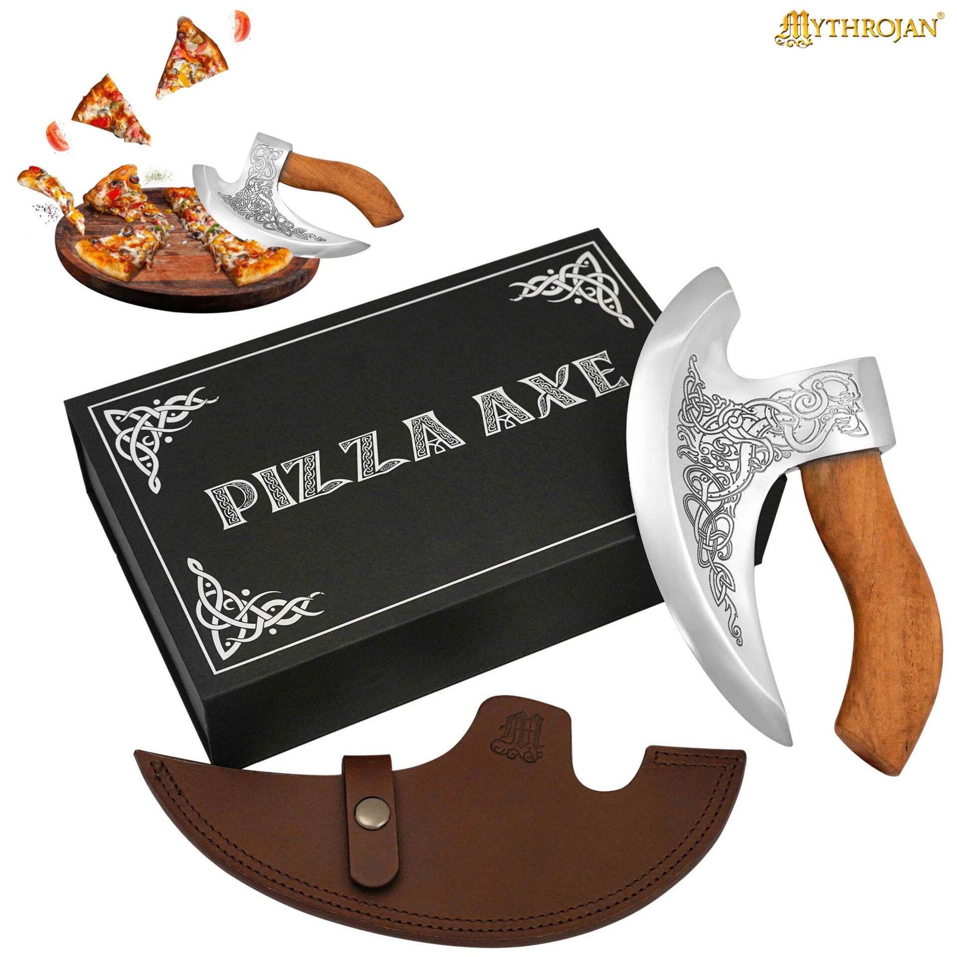 Imagen única de: Mythrojan Hacha Vikinga para Pizza - Cortador de Pizza de Acero Inoxidable Forjado a Mano con Mango de Acacia Maciza y Funda de Cuero - Grabado Celta - Caja de Regalo