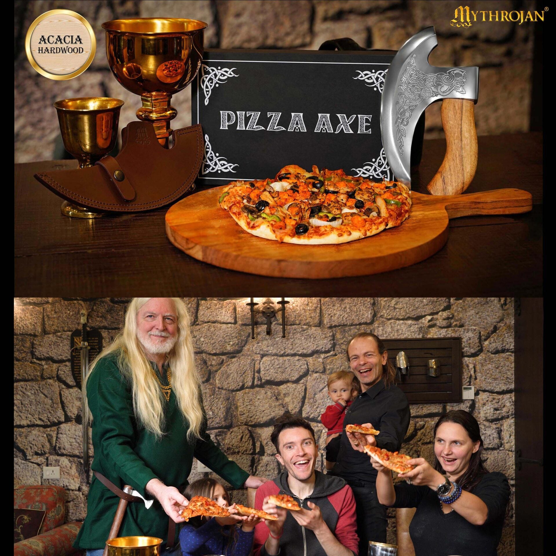 Imagen única de: Mythrojan Hacha Vikinga para Pizza - Cortador de Pizza de Acero Inoxidable Forjado a Mano con Mango de Acacia Maciza y Funda de Cuero - Grabado Celta - Caja de Regalo