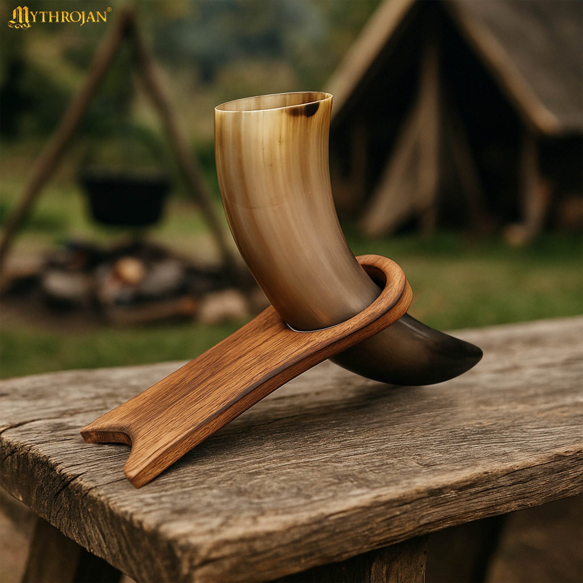 Imagen única de: Mythrojan Estante de Cuerno para Beber de Madera Maciza | Acabado Natural Soporte Vikingo para Aguamiel | Soporte Medieval para Cuerno
