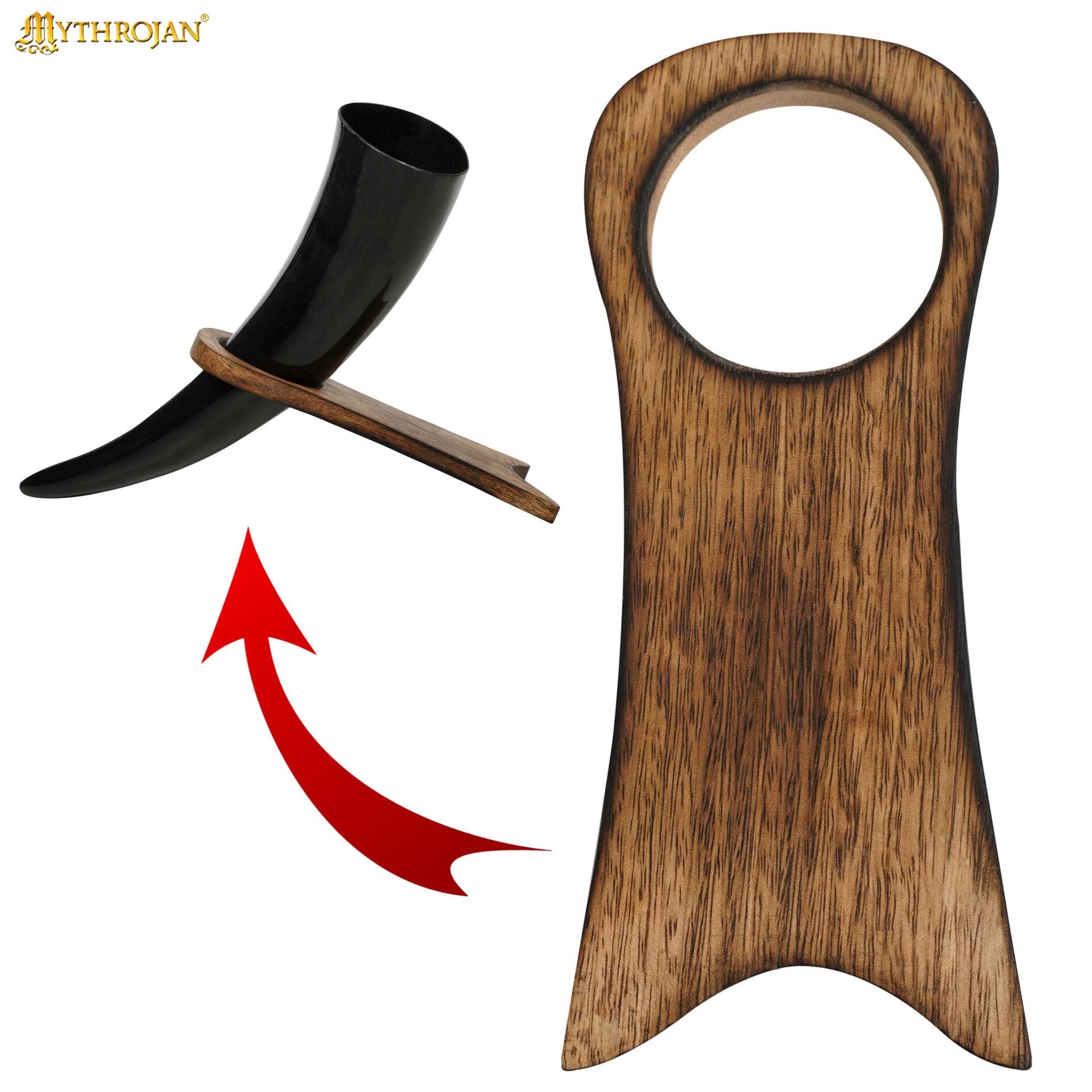 Imagen única de: Mythrojan Estante de Cuerno para Beber de Madera Maciza | Acabado Natural Soporte Vikingo para Aguamiel | Soporte Medieval para Cuerno