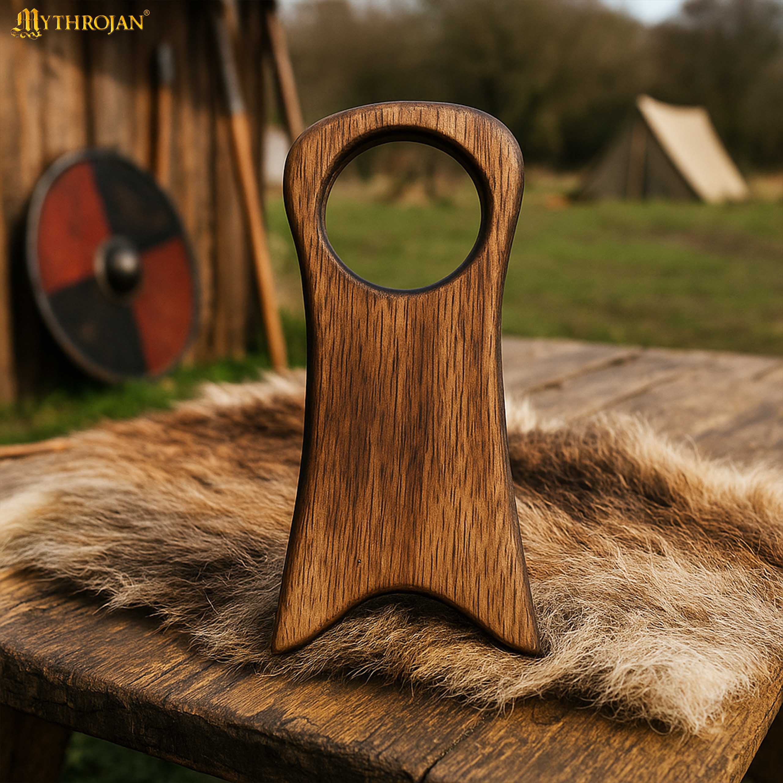 Imagen única de: Mythrojan Estante de Cuerno para Beber de Madera Maciza | Acabado Natural Soporte Vikingo para Aguamiel | Soporte Medieval para Cuerno