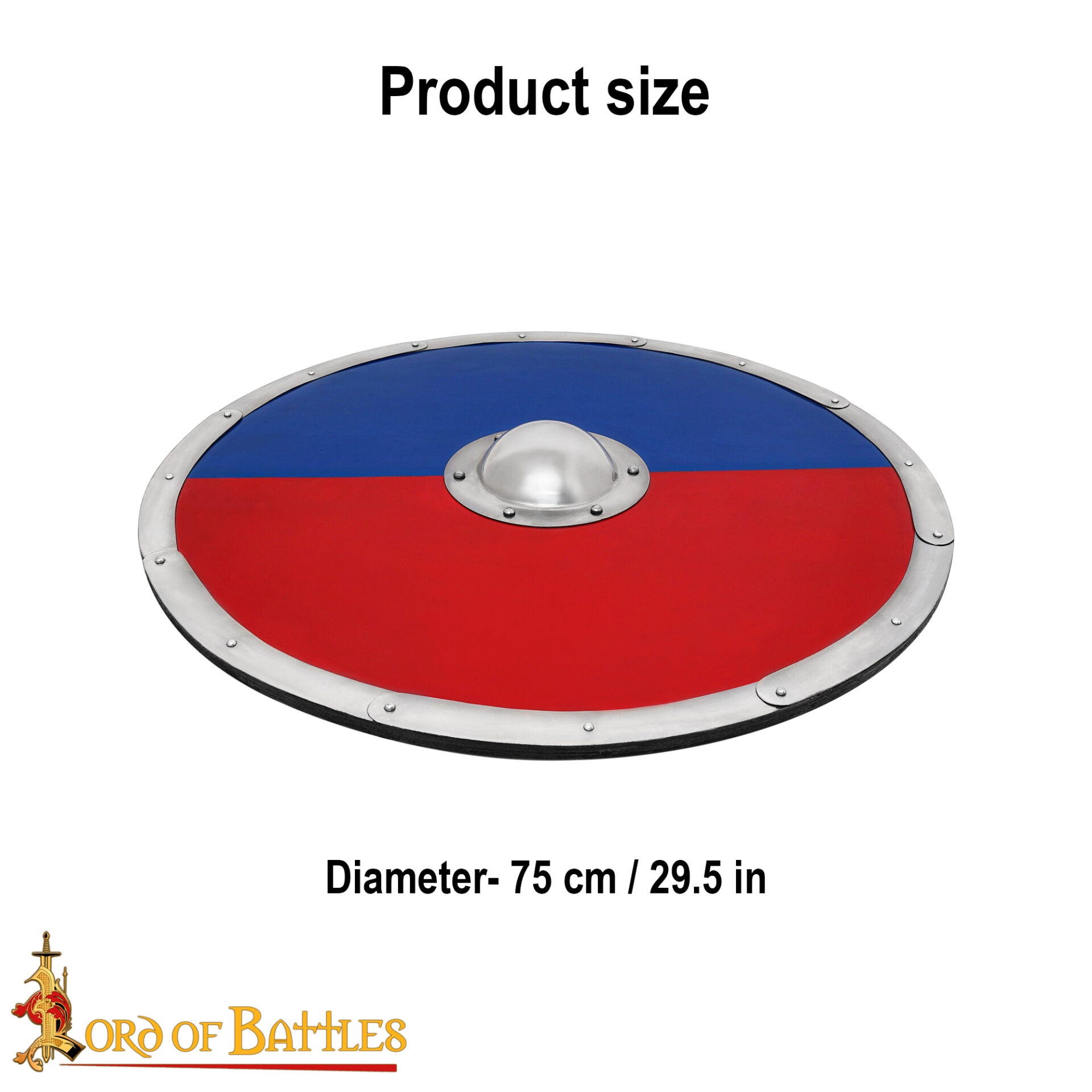 Imagen única de: Escudo Redondo Vikingo 30" - Escudo Artesanal de Madera con Jefe de Acero - Pintura de Guerra Roja y Azul