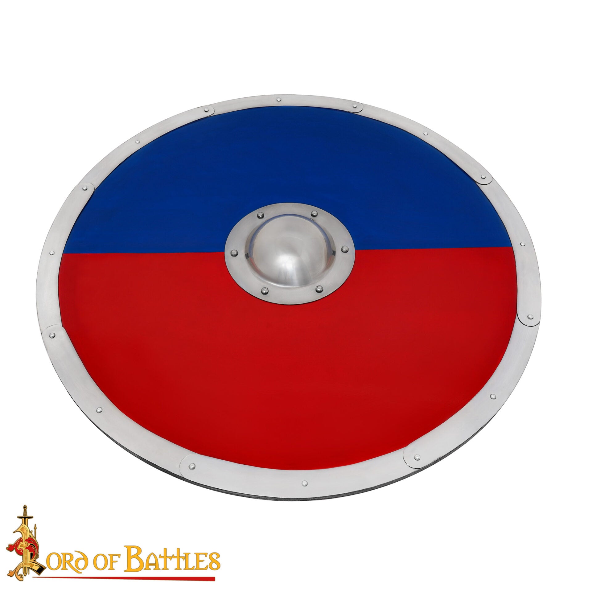 Imagen única de: Escudo Redondo Vikingo 30" - Escudo Artesanal de Madera con Jefe de Acero - Pintura de Guerra Roja y Azul