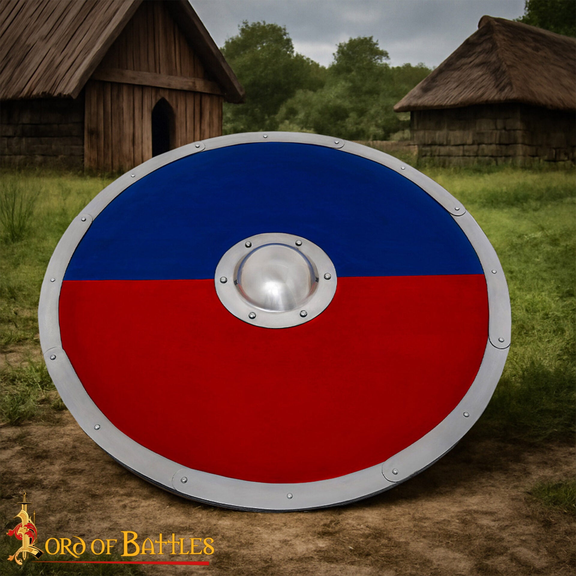 Imagen única de: Escudo Redondo Vikingo 30" - Escudo Artesanal de Madera con Jefe de Acero - Pintura de Guerra Roja y Azul