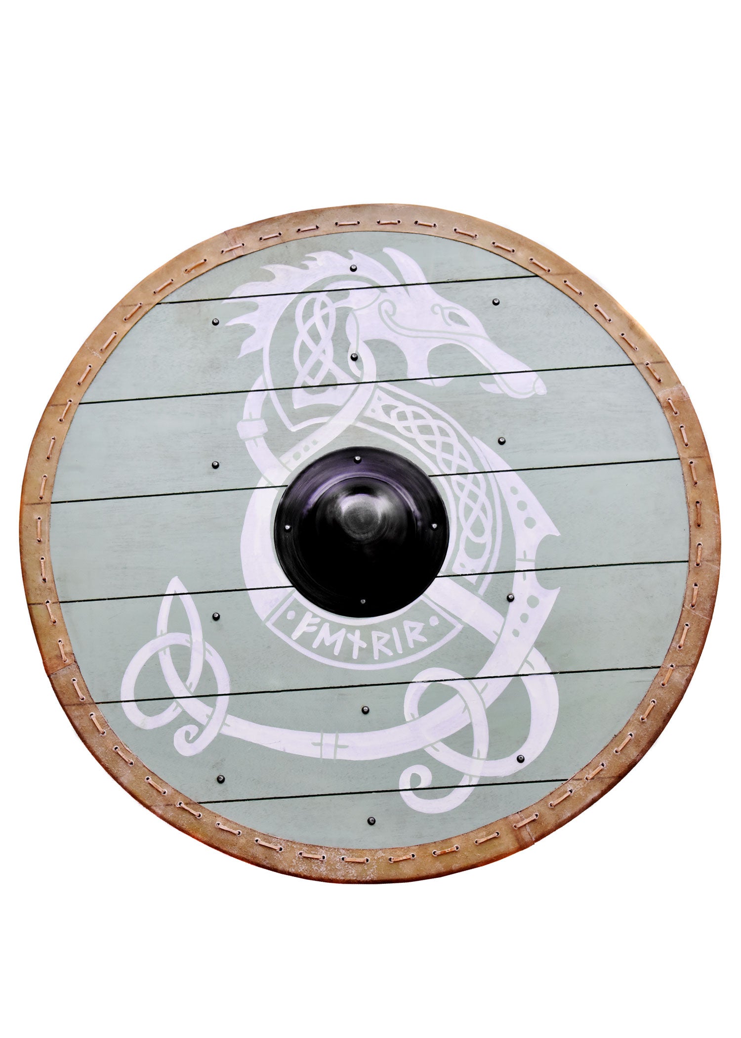 Imagen única de: Escudo Vikingo 'Fenrir' Con Borde De Cuero Crudo, 80 Cm