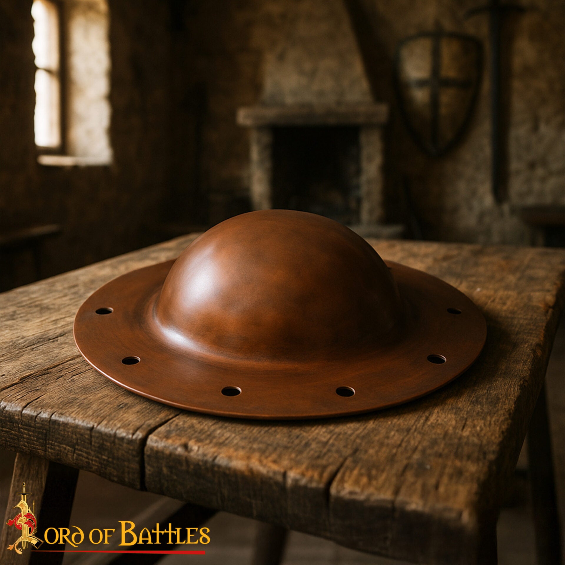 Imagen única de: Umbo de Jefe de Escudo Medieval Chapado en Cobre de Calibre 14 con Remaches