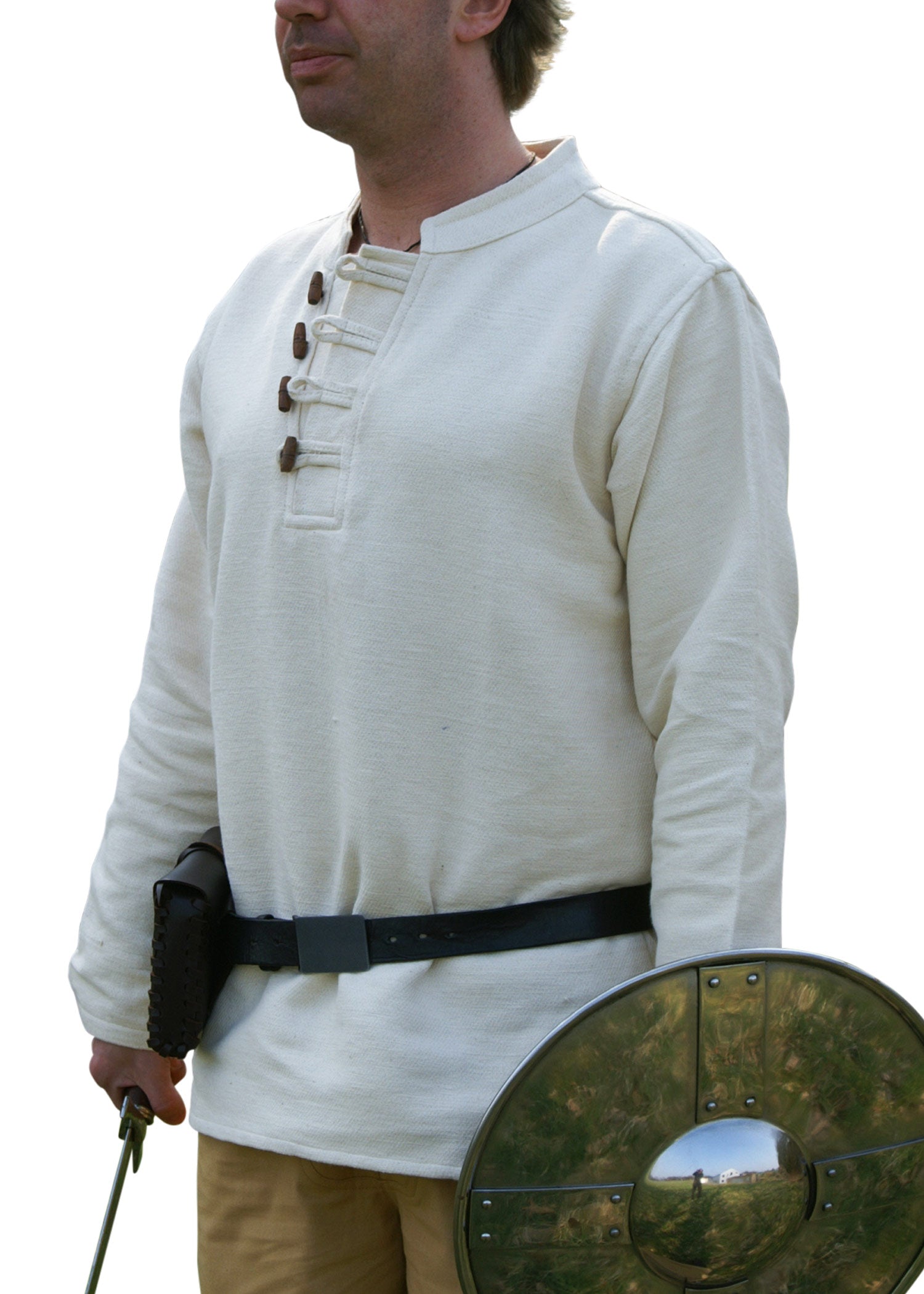 Imagen única de: Camisa Medieval Pesada Con Botones De Madera Natural Tejidos A Mano.