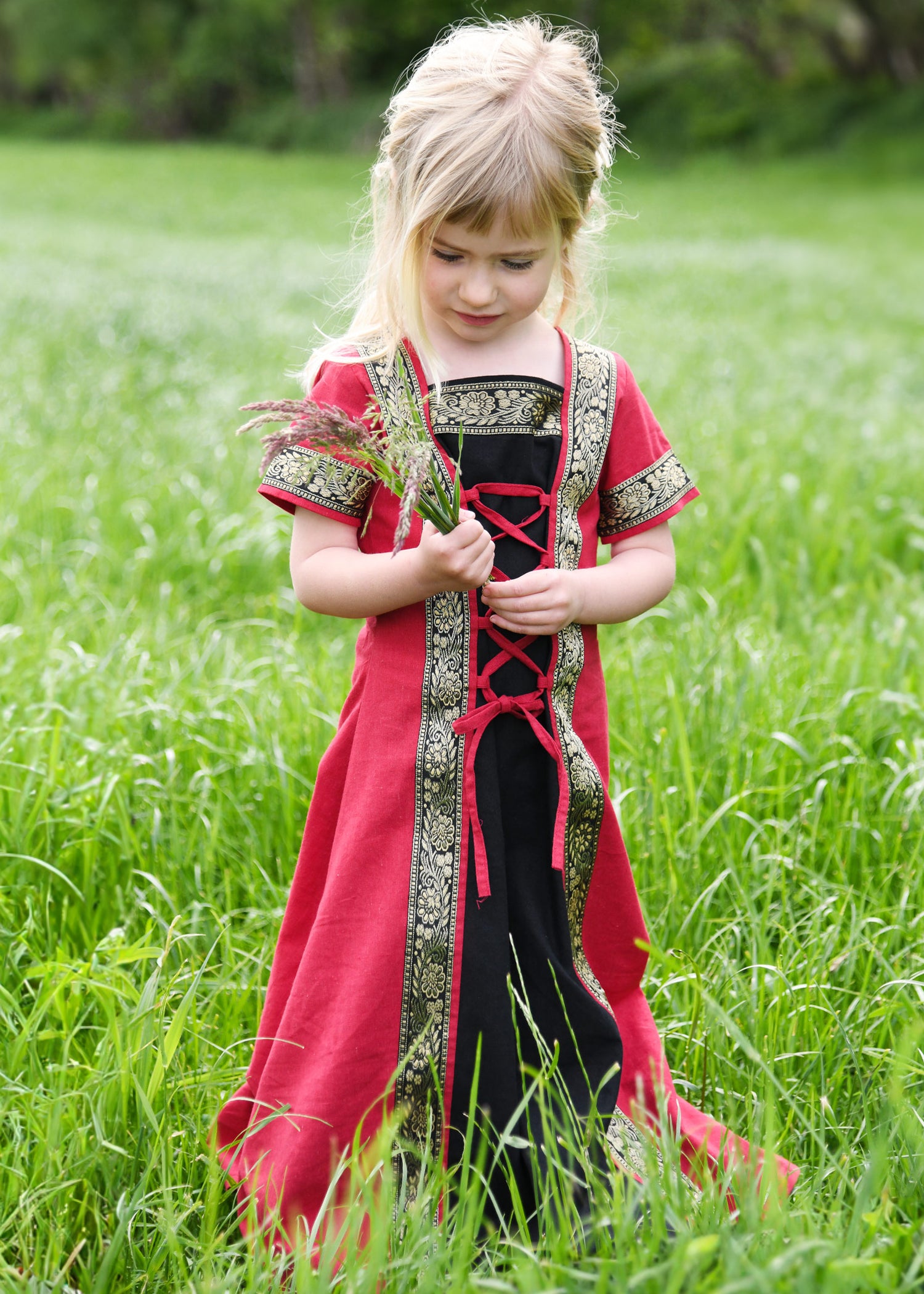 Imagen única de: Vestido Medieval Infantil Eleanor, Manga Corta, Rojo/negro