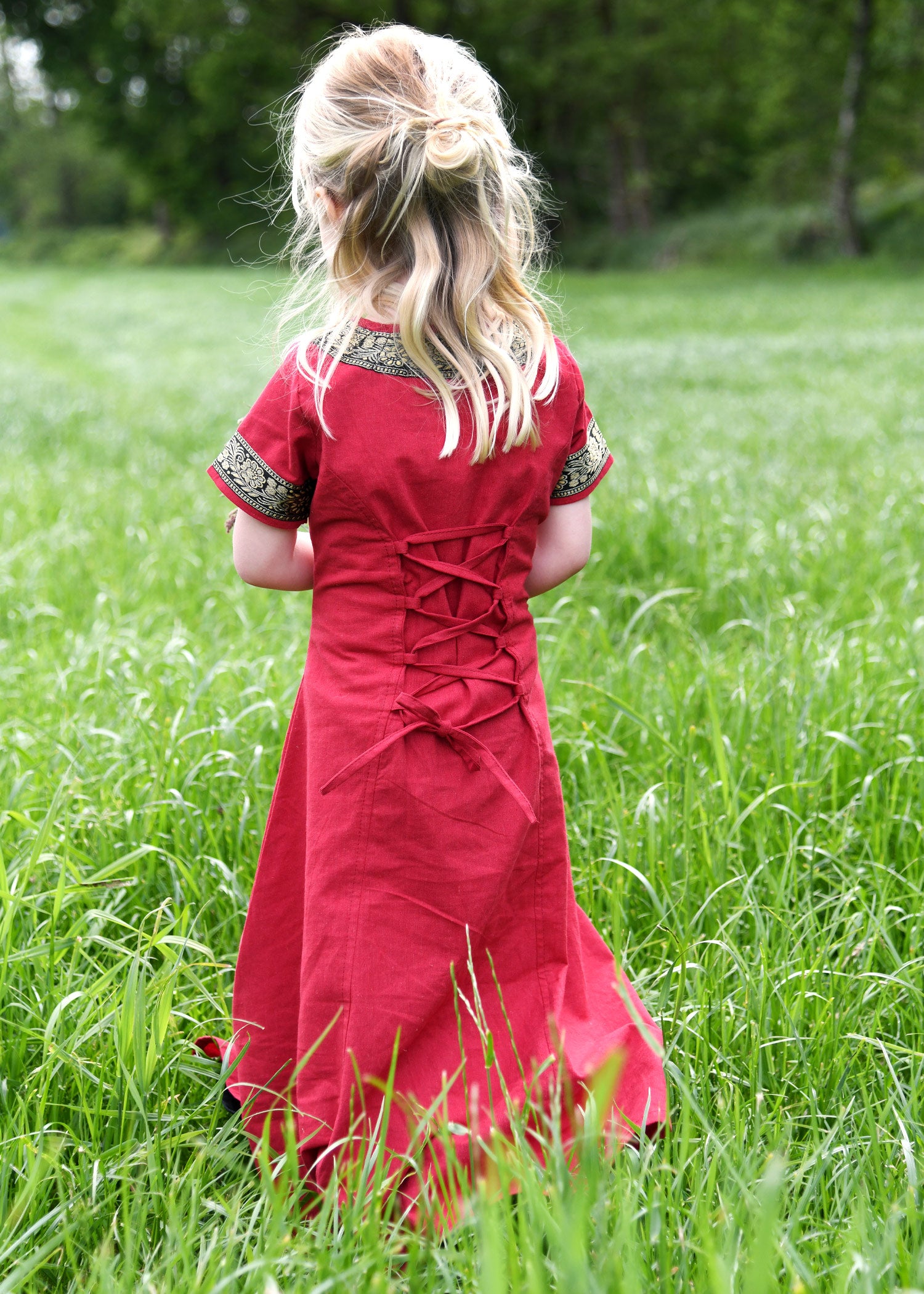 Imagen única de: Vestido Medieval Infantil Eleanor, Manga Corta, Rojo/negro