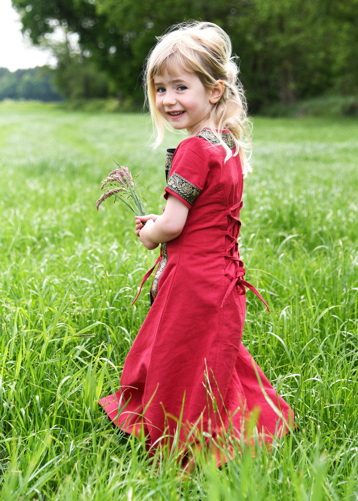 Imagen única de: Vestido Medieval Infantil Eleanor, Manga Corta, Rojo/negro