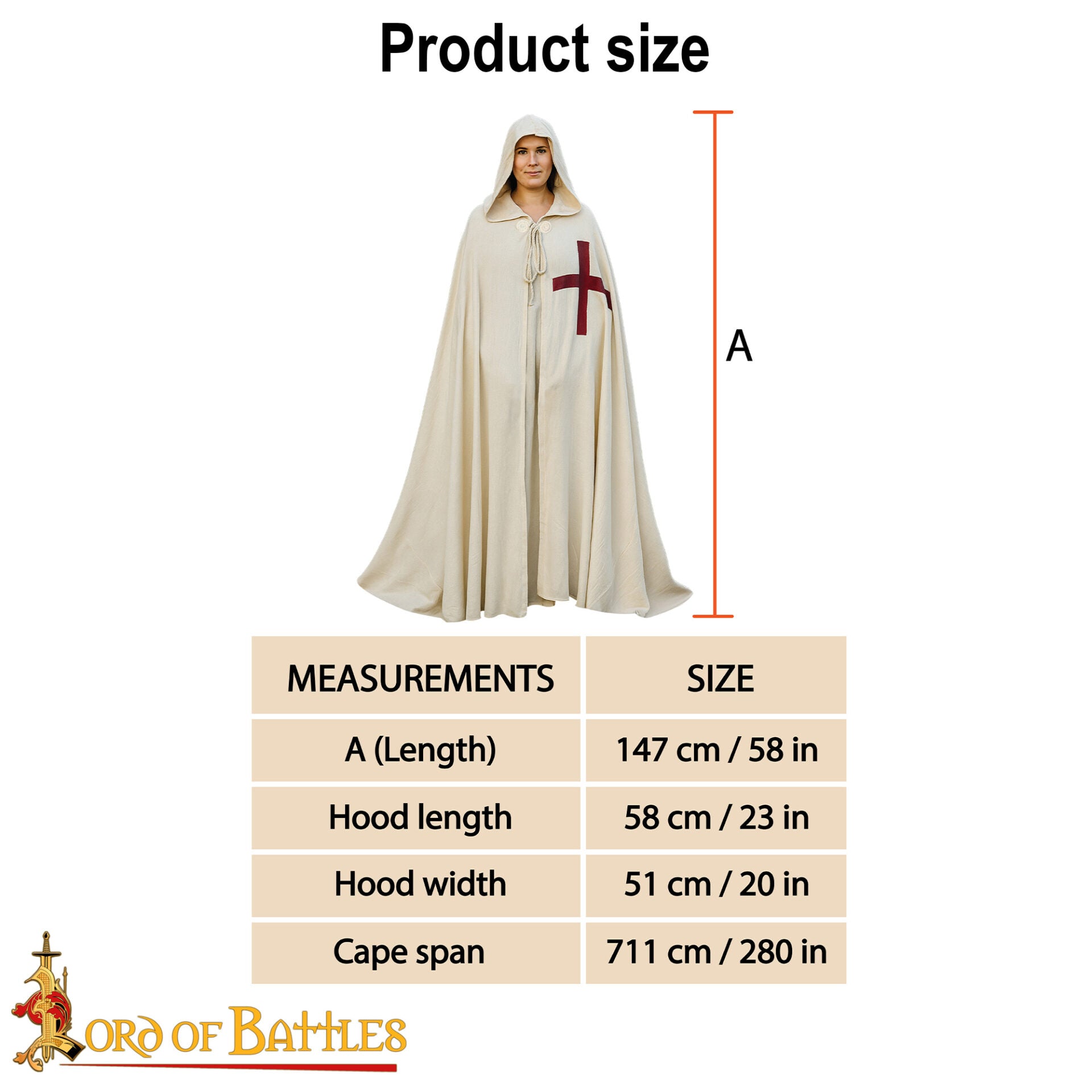 Imagen única de: Capa Cruzada Teutónica con Capucha - Capa de Algodón del Siglo Xiii con Emblema de Cruz