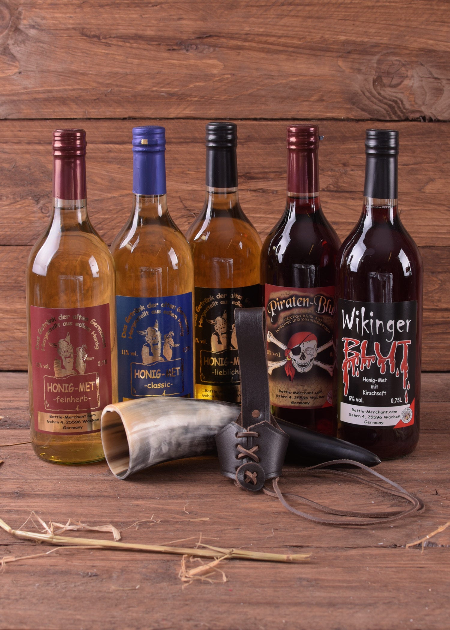 Imagen única de: Paquete Degustación De Hidromiel: 5 Botellas. Se Reunió Con Cuerno Para Beber Y Soporte.