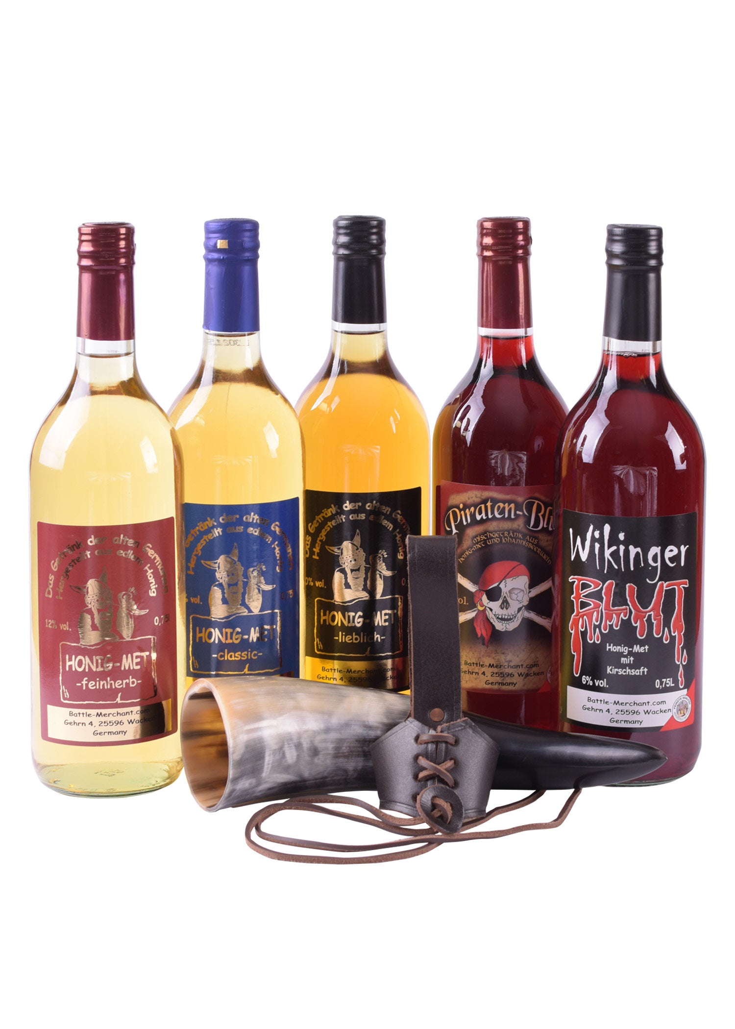 Imagen única de: Paquete Degustación De Hidromiel: 5 Botellas. Se Reunió Con Cuerno Para Beber Y Soporte.