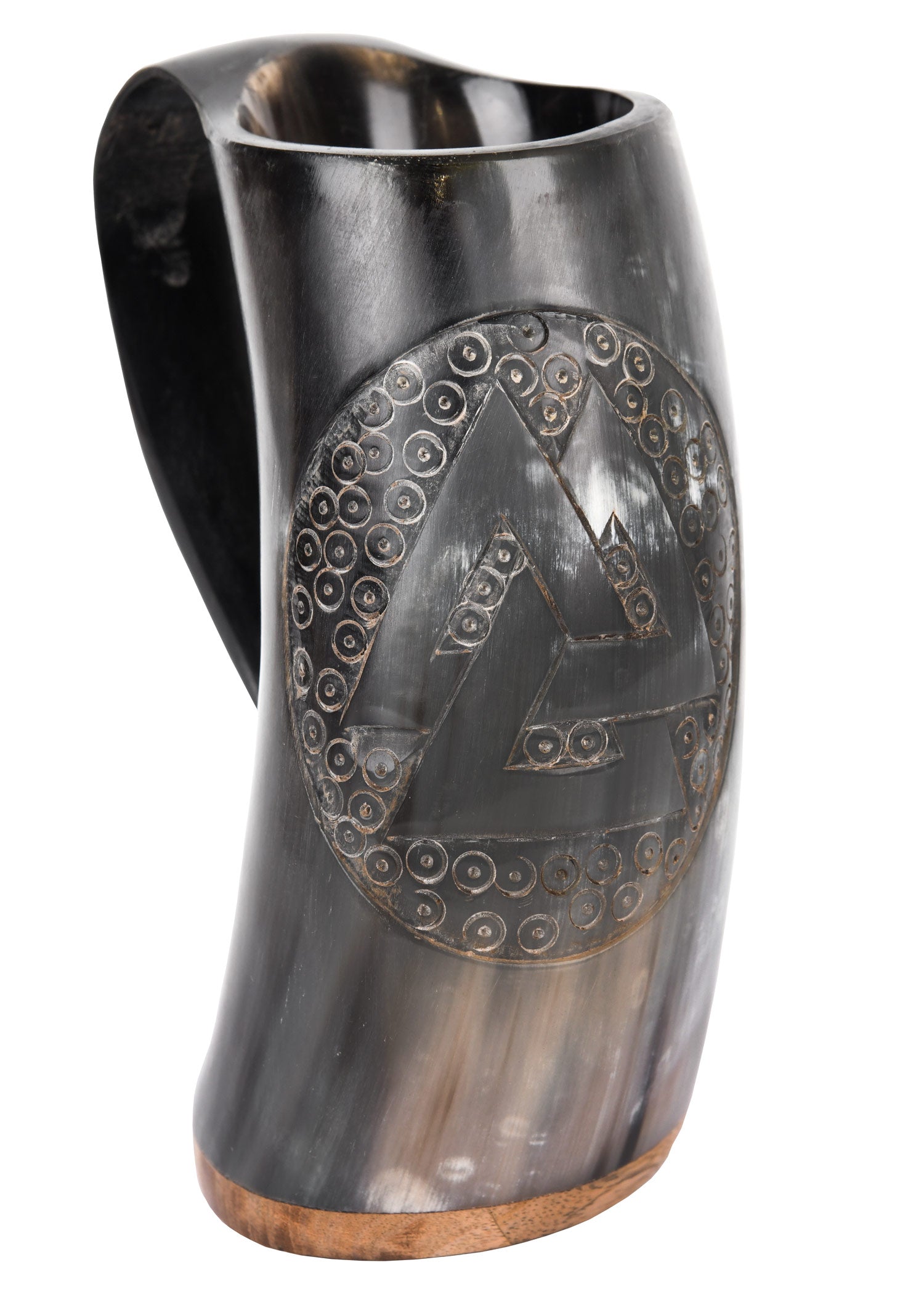 Imagen única de: Jarra De Cuerno Con Base De Madera Y Motivo Valknut N.º 2