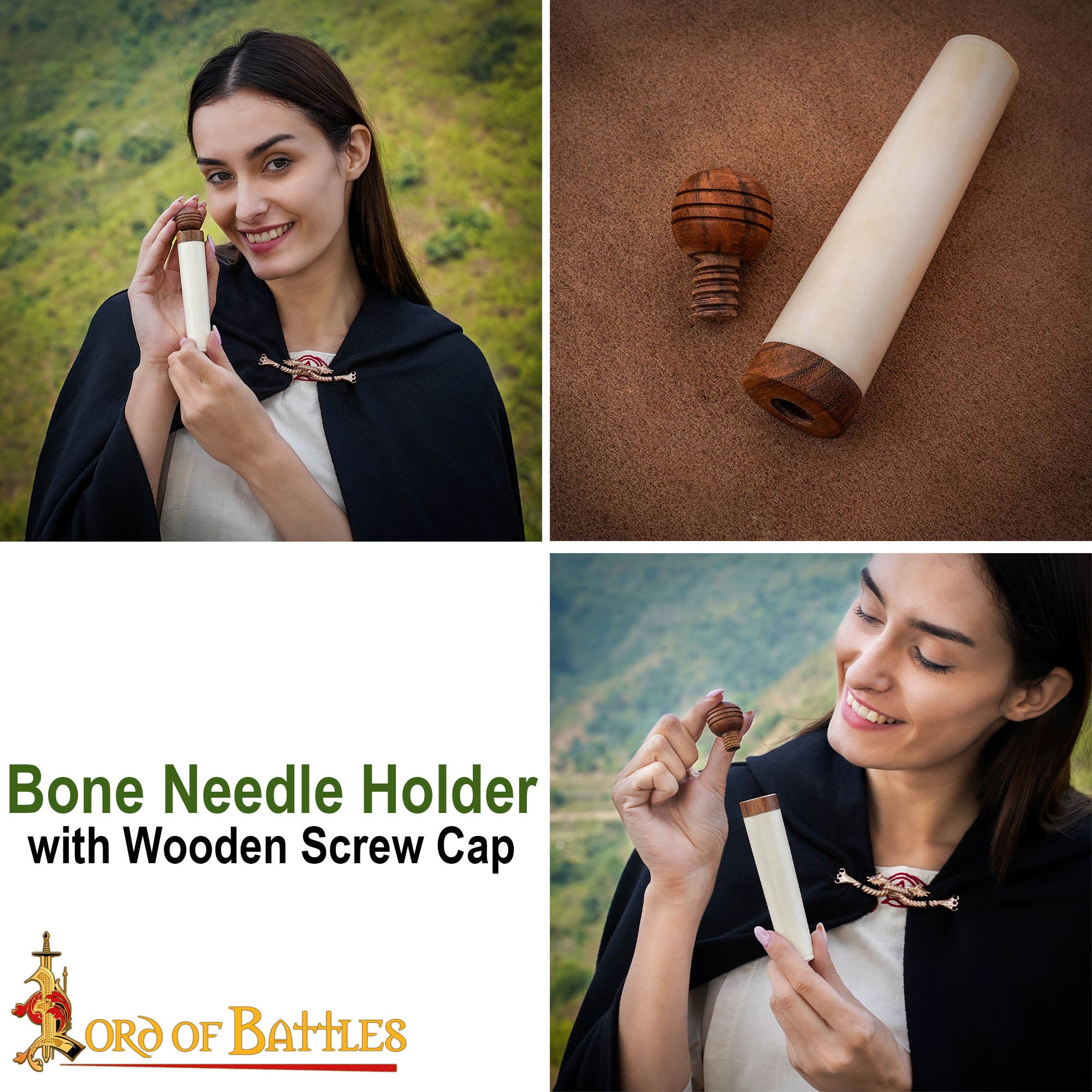 Imagen única de: Porta Agujas Medieval de Hueso de Buey con Tapa de Madera - Tubo de Almacenaje Artesanal