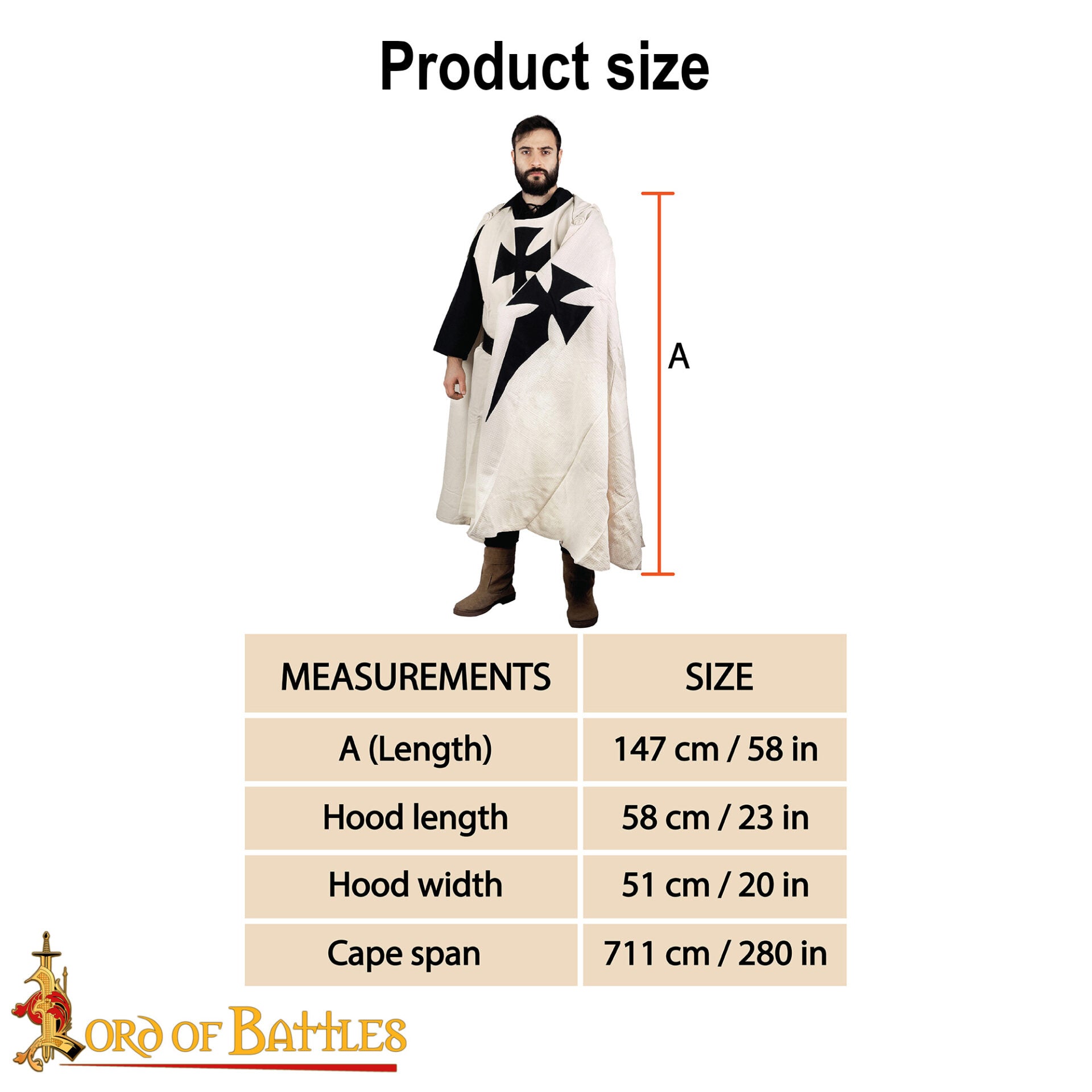 Imagen única de: Capa de Caballero Templario con Capucha del Siglo Xiii - Capa de Cruzado de Algodón con Cruz Negra