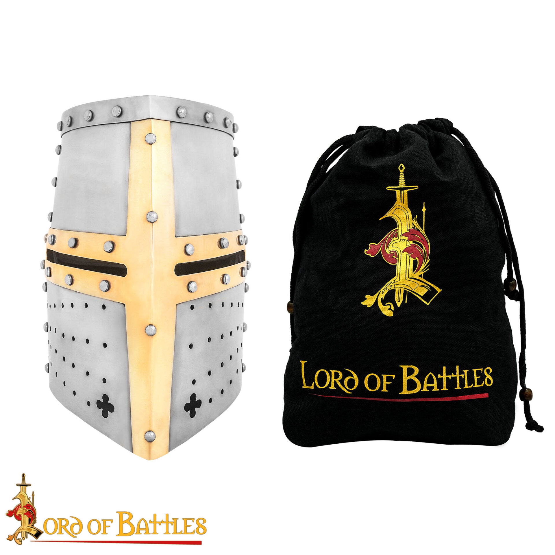 Imagen única de: Crusader Knight Pot Helm Battle Ready con Cruz de Latón - Casco de Acero de Calibre 16