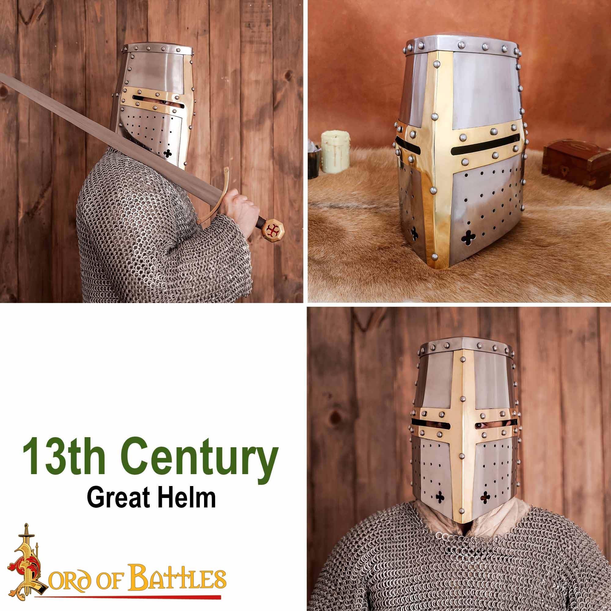 Imagen única de: Crusader Knight Pot Helm Battle Ready con Cruz de Latón - Casco de Acero de Calibre 16