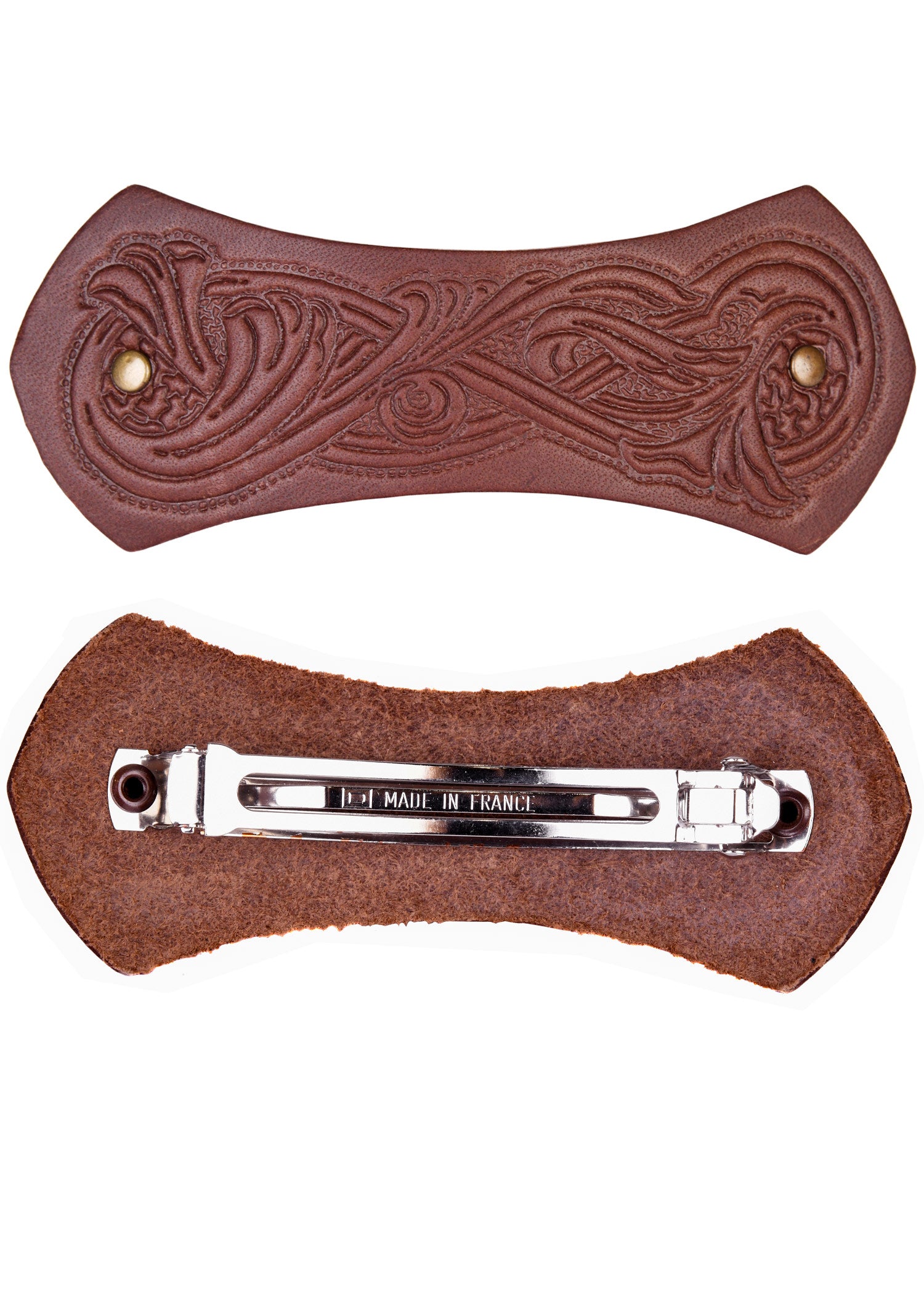 Imagen única de: Pasador Para El Pelo Realizado En Piel En Forma De Barra Con Motivo Medieval Y Clip Metálico