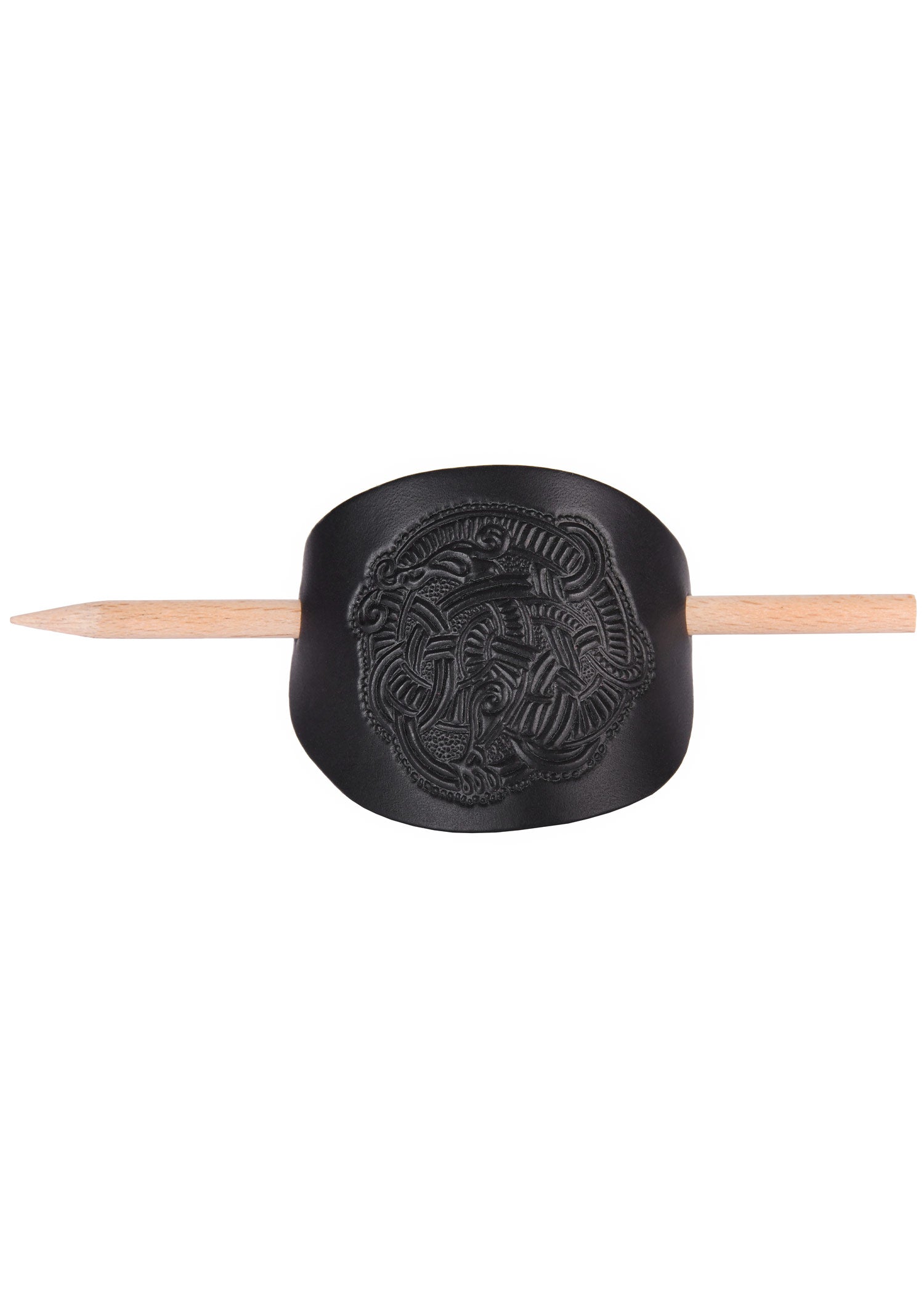 Imagen única de: Pasador De Pelo Pequeño De Cuero Con Motivo Vikingo Y Alfiler De Madera