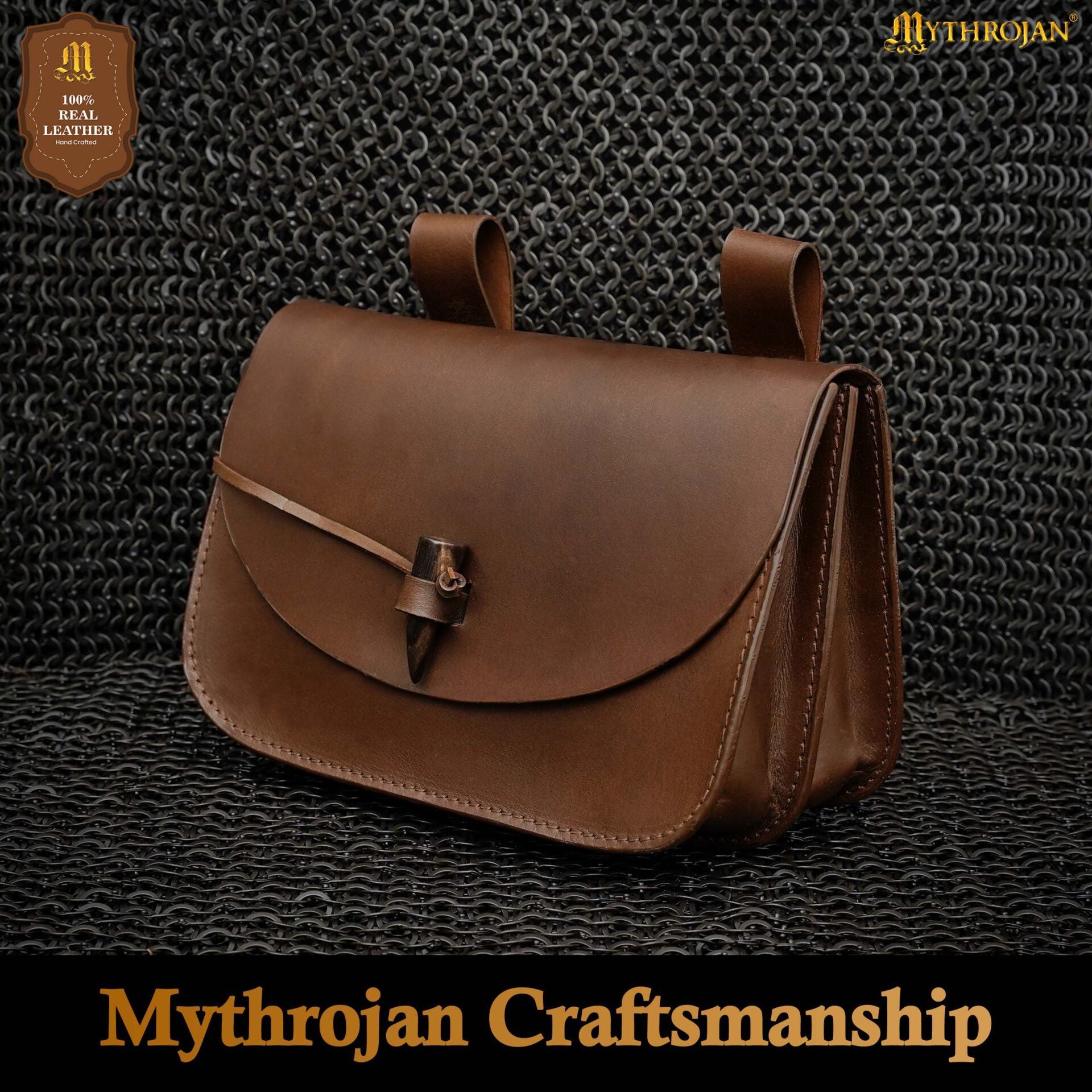 Imagen única de: Mythical Venture Medieval Leather Bag - Full Grain Brown Bolsa para Larp y Temas Medievales