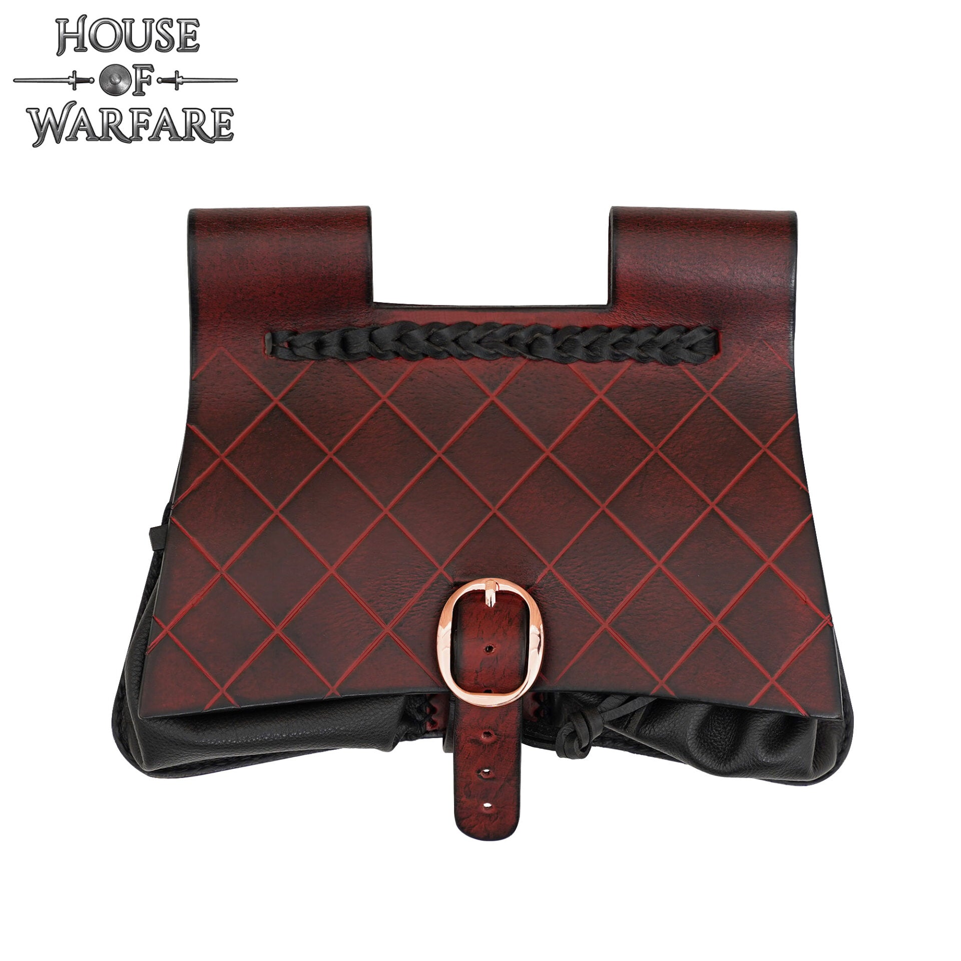 Imagen única de: Riñonera Medieval de Cuero - Bolsa Negra y Granate Hecha a Mano con Múltiples Compartimentos Interiores