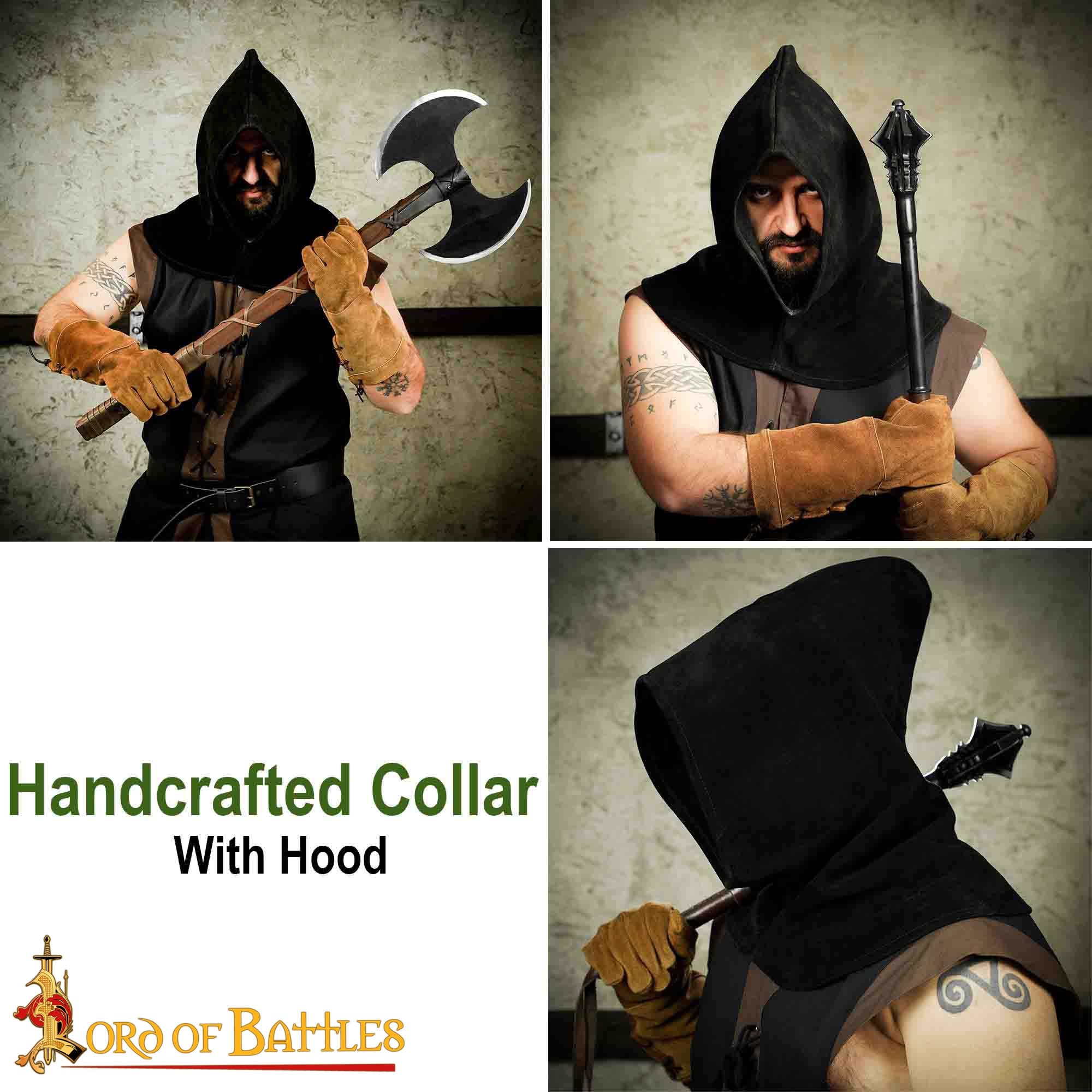 Imagen única de: Capucha de Piel de Ante Negra con Cuello Ancho - Estilo Medieval Artesanal