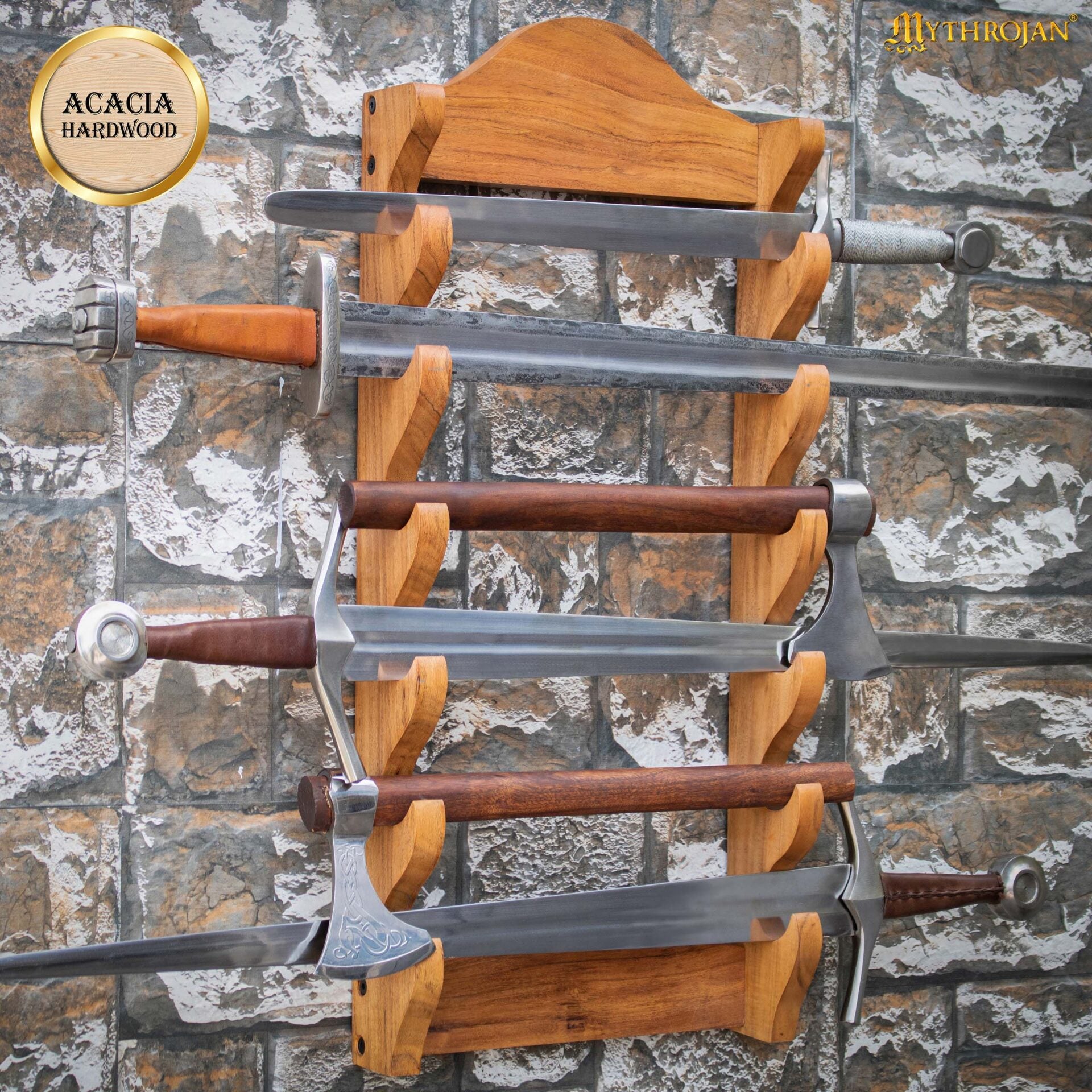 Imagen única de: Soporte de Madera para Espadas de Un Nivel | Estante de Madera Maciza con Acabado Natural | Exposición de Armas Medievales y Victorianas