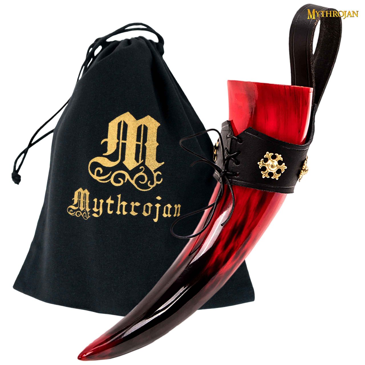 Imagen única de: Taza Medieval – Cuerno Vikingo 400 ml Pulido con Soporte de Cuero Negro Rojo