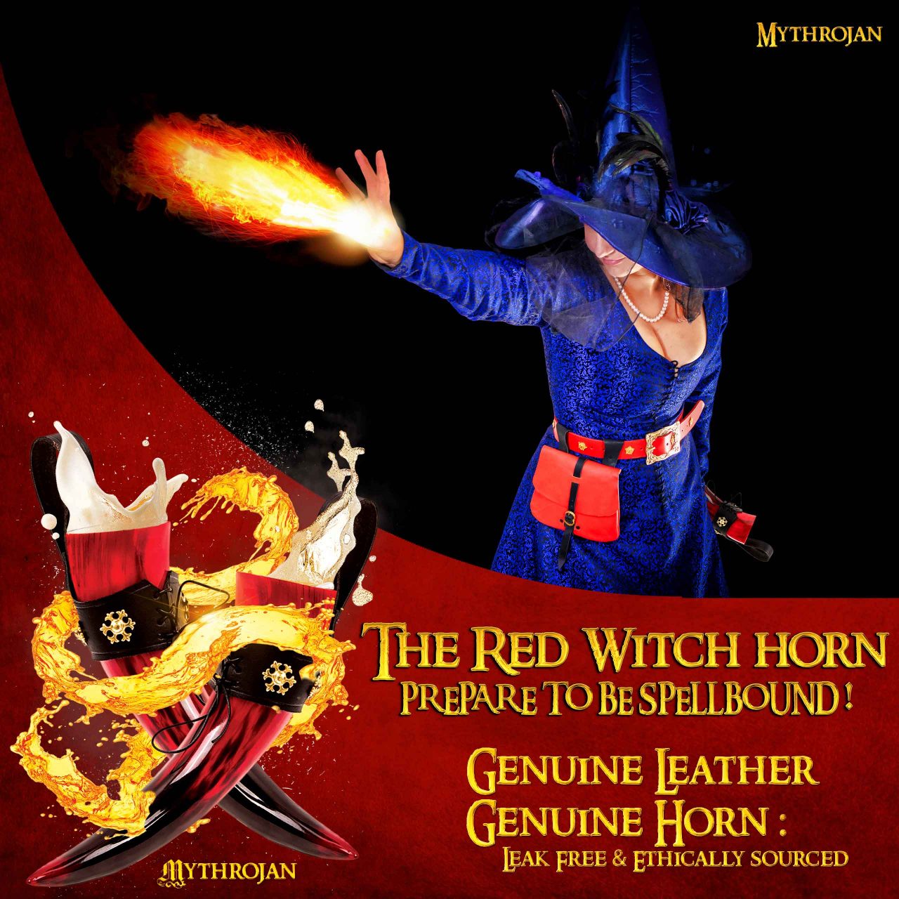 Imagen única de: Taza Medieval – Cuerno Vikingo 400 ml Pulido con Soporte de Cuero Negro Rojo