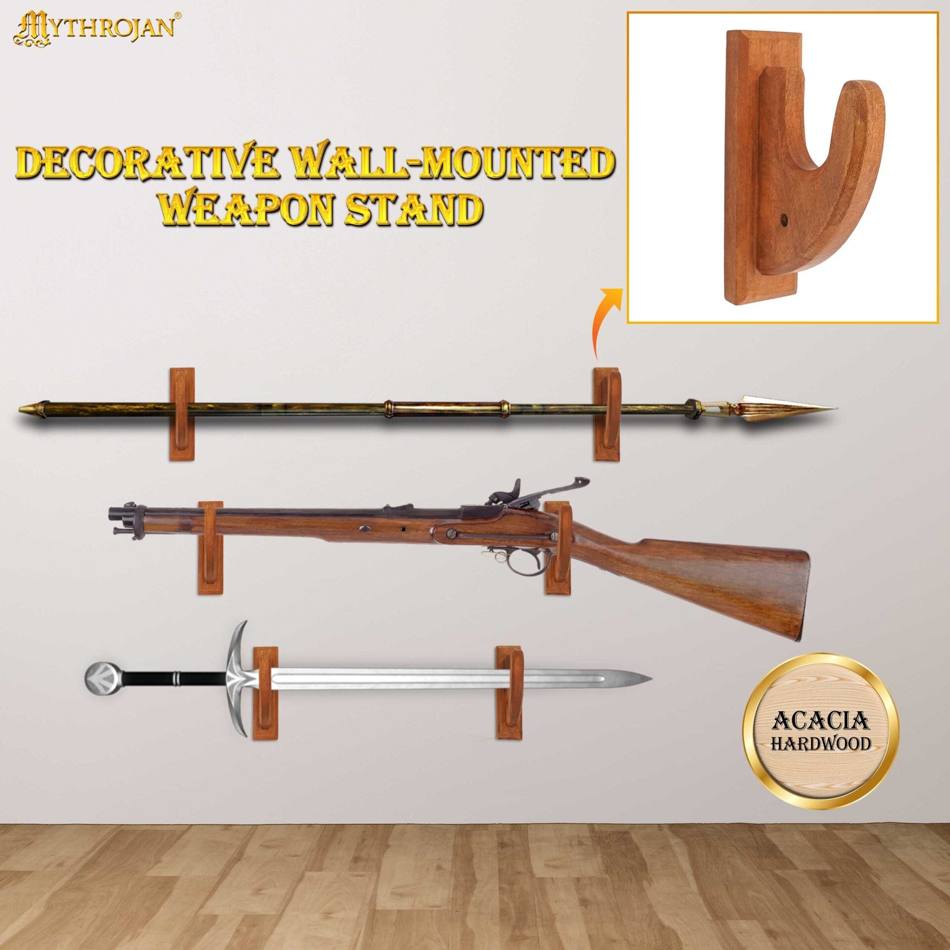 Imagen única de: Mythrojan Sólida Madera Dura Pistola Rifle Arma de Fuego Pantalla Pared Soportes Juego de 2, 6.7 "x4.5"
