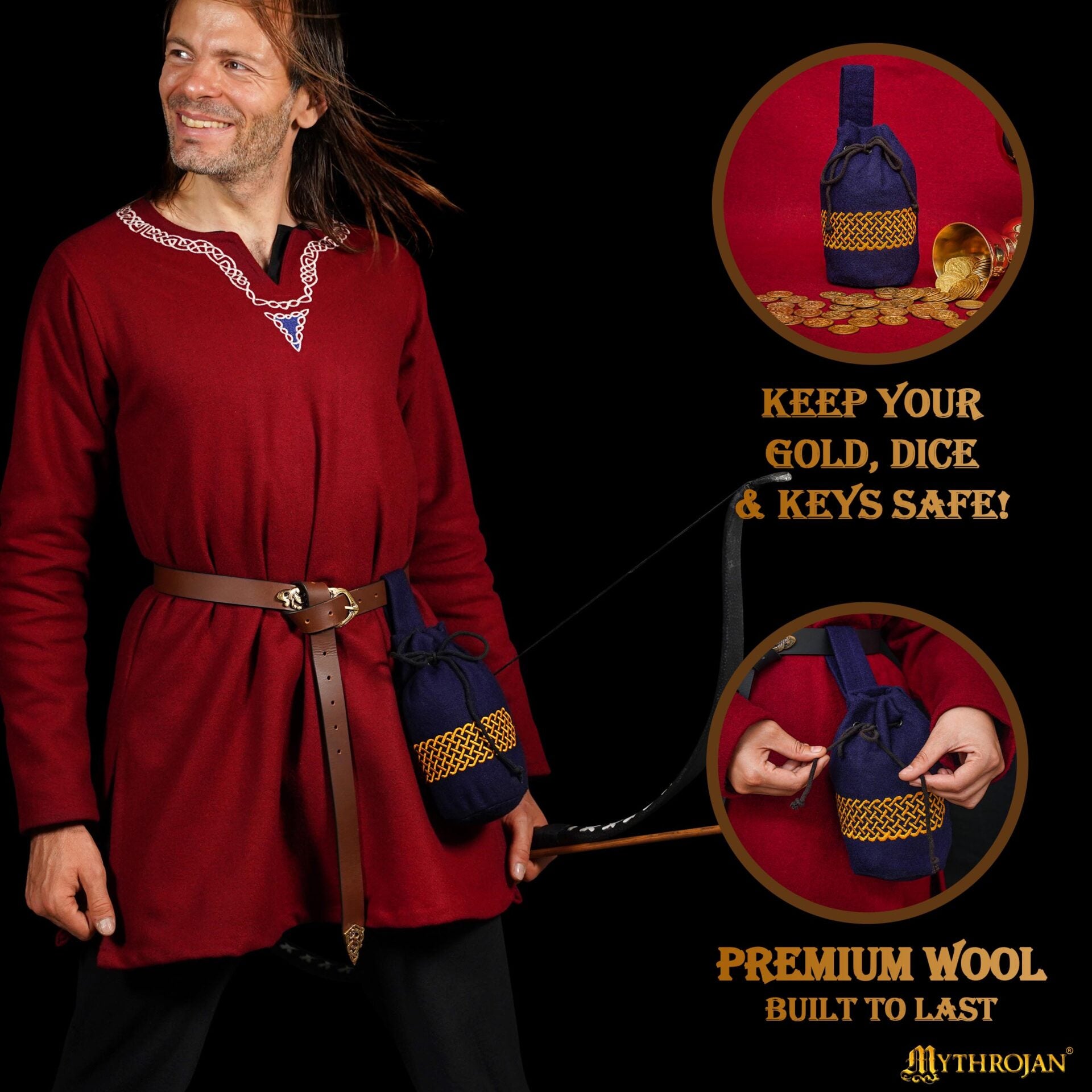 Imagen única de: Mythrojan Bolsa de Lana Bordada con Cordón para Cinturón: Medieval Vikingo Celta Bolsa Accesorios de Disfraces Monedero, 8" × 6.5