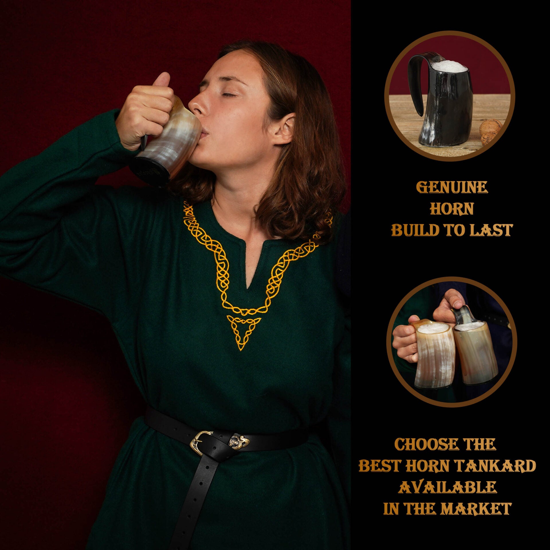 Imagen única de: Juego de 2 Tazas de Cerveza Mythrojan Viking Horn - Tazas de Cerveza de Cuerno de Buey Pulidas a Mano con Asa - Tazas de Cerveza de Hidromiel de 4.5