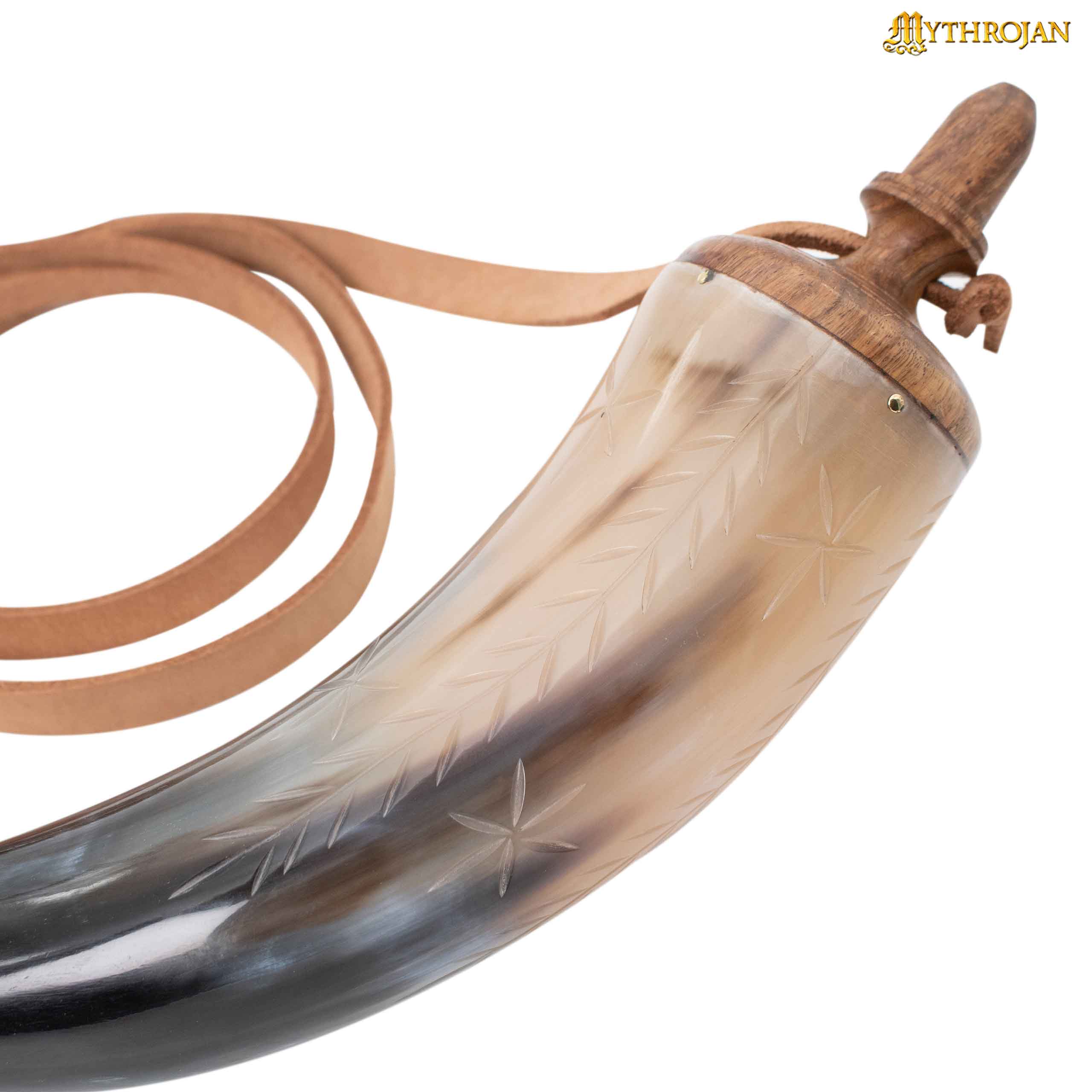 Imagen única de: Mythrojan Pólvora Tallada a Mano 14" Cuerno con Correa de Cuero Natural