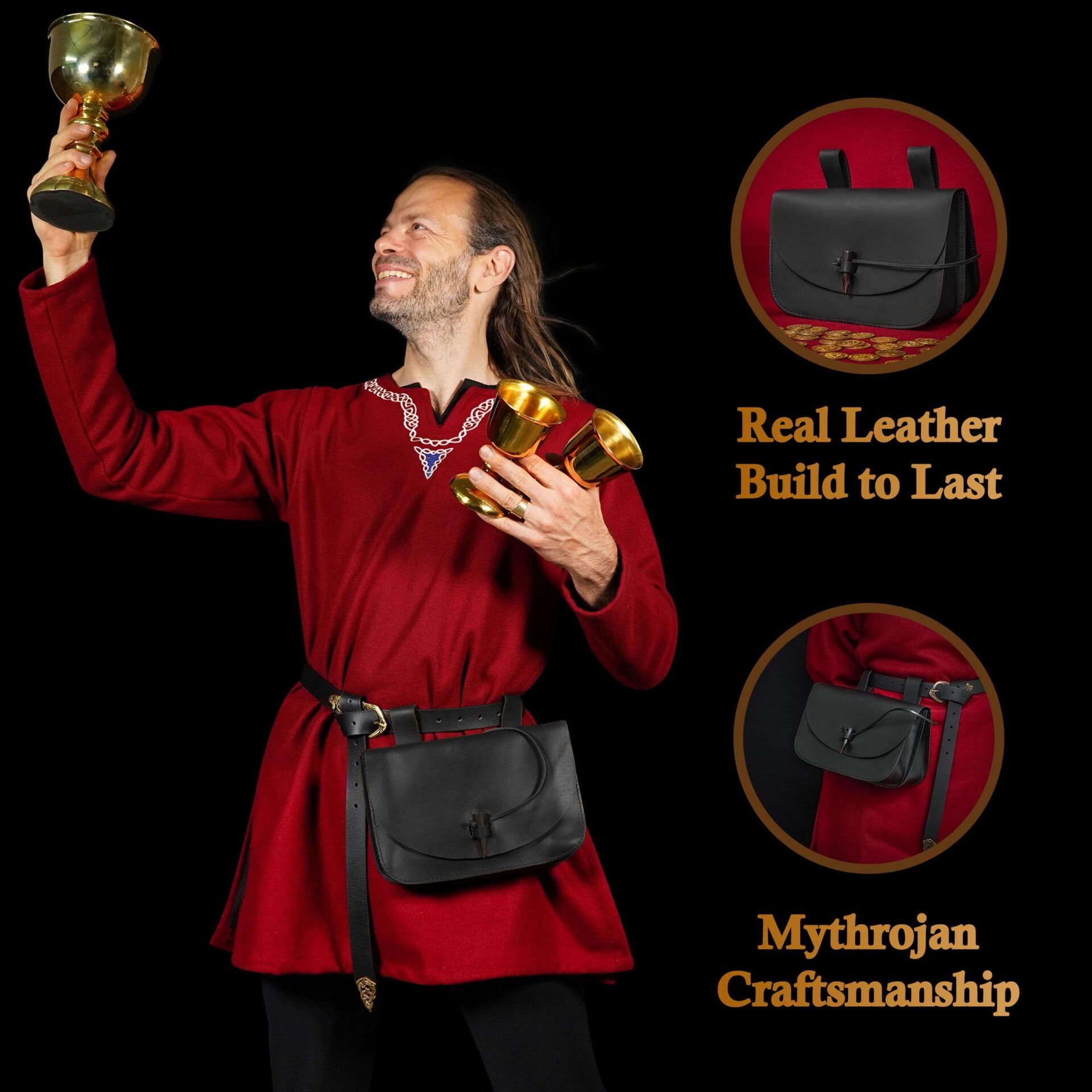 Imagen única de: Mythrojan Extra Grande Marrón Medieval Cinturón de Cuero Bolsa Renaisance Accesorio Larp Bolsa - Negro